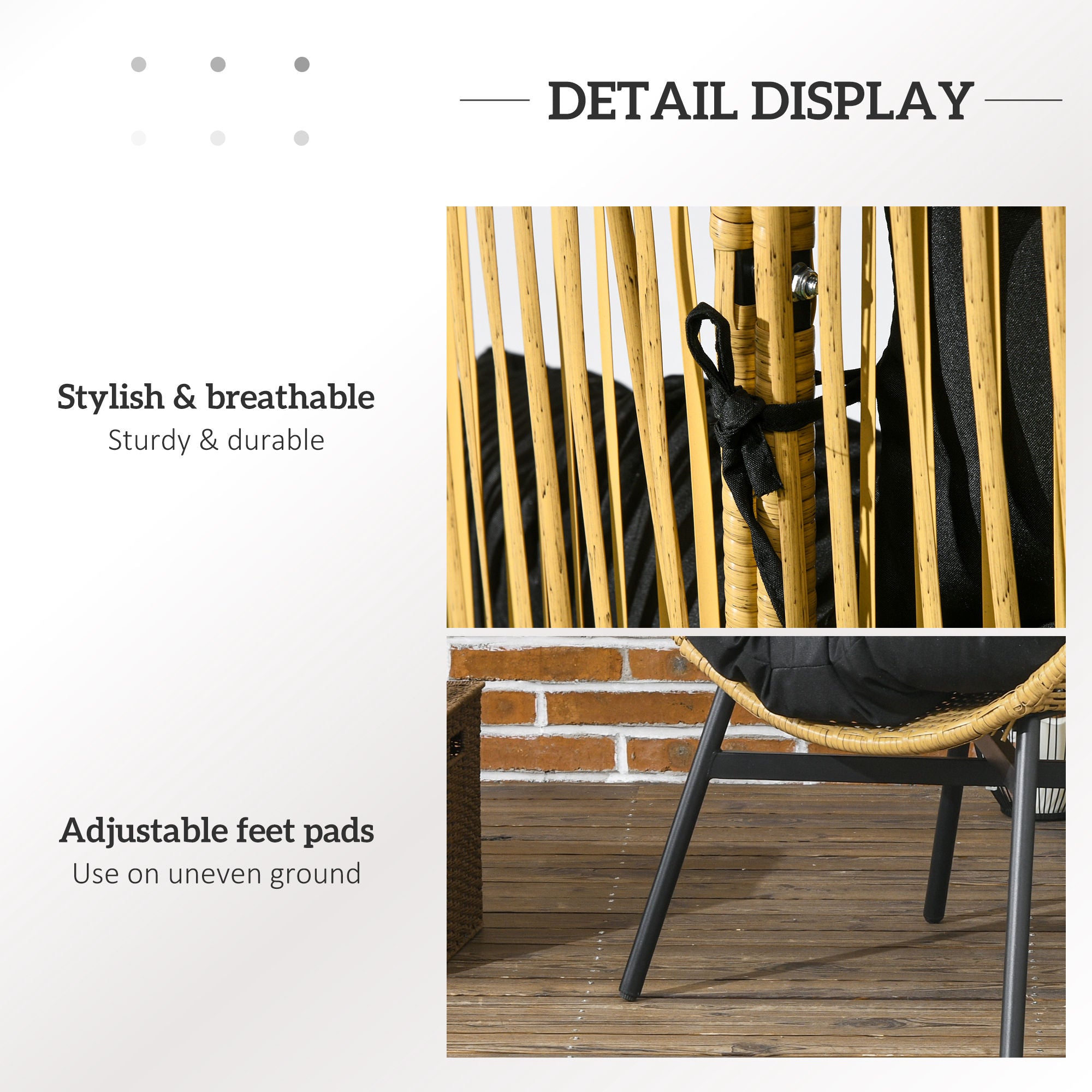Outsunny String Rattan Egg Chair, with Padded Seat Cushion - Sand/Black - North Peak Garden Furniture