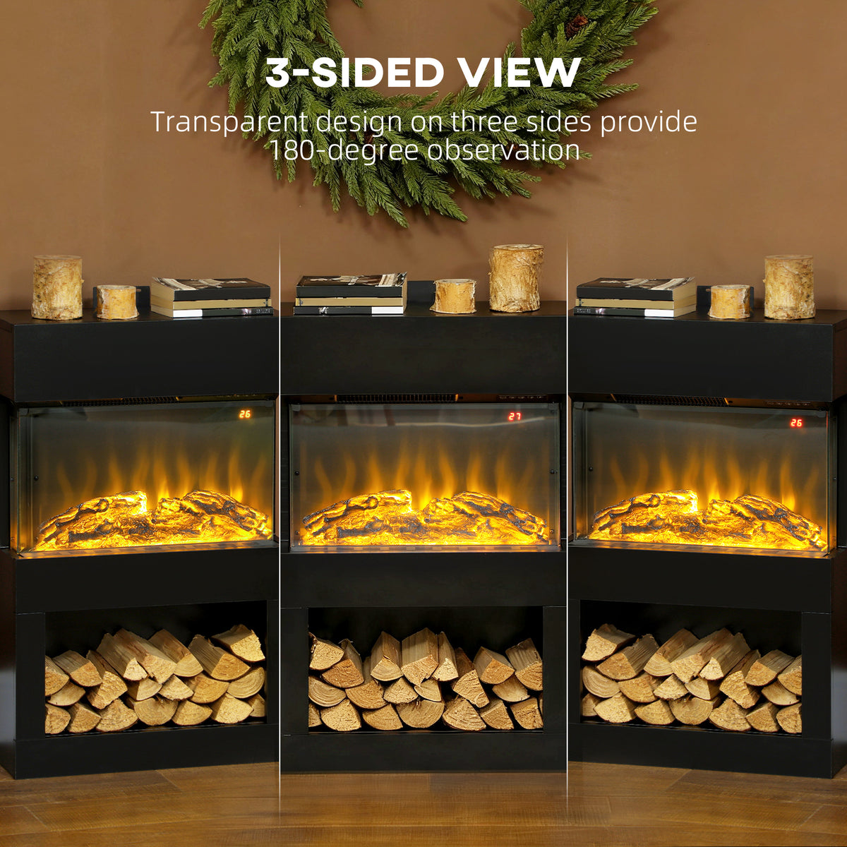 HOMCOM 19" Electric Fireplace with Surround, 3D Flame Effect, 6 Colours & 3 Brightness Levels, 1000W/2000W Black Electric Fire and Mantel Reach up to 30㎡ Space with Remote & Timer, 3 Sided View