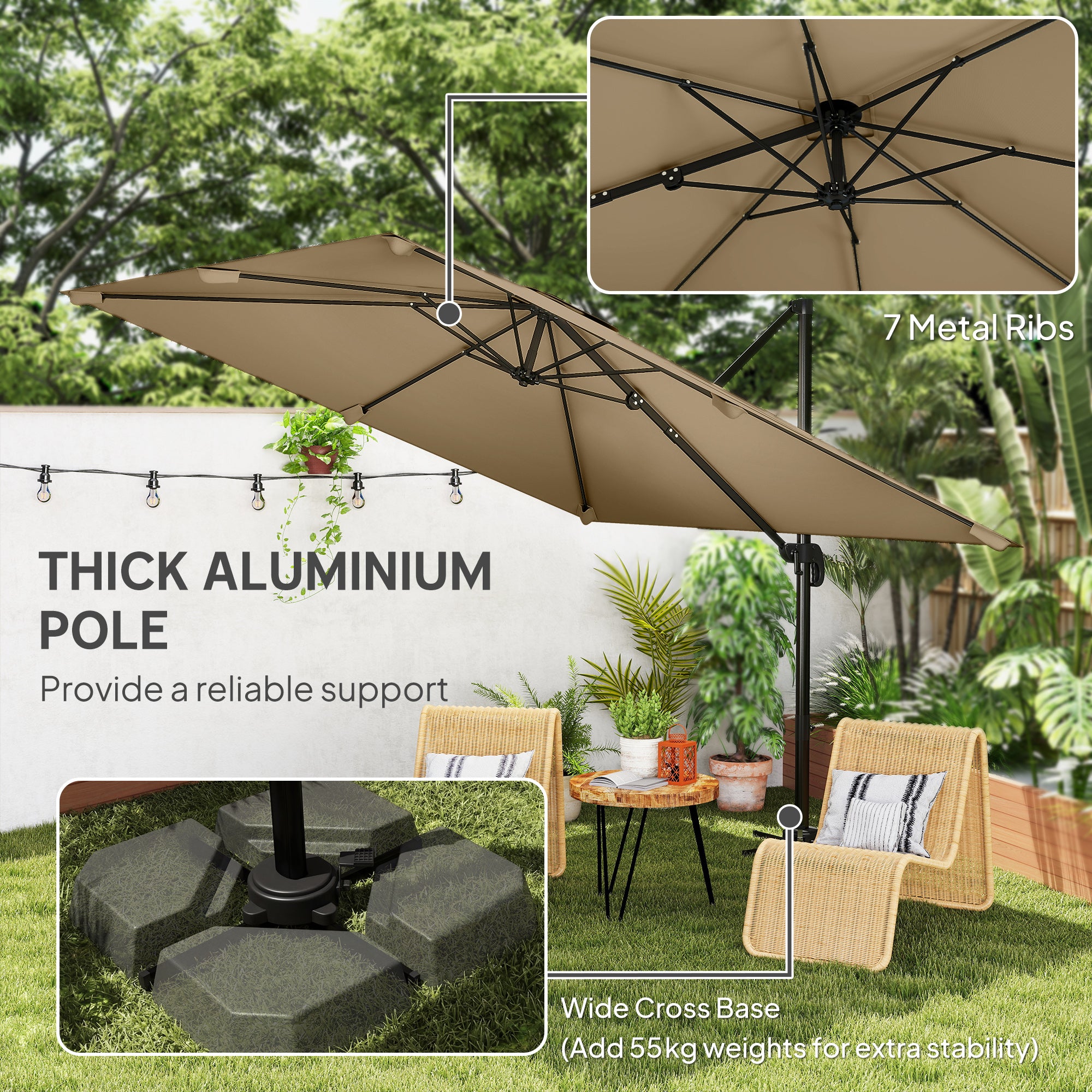 Outsunny 3 x 3 m Cantilever Parasol, Square Patio Umbrella with Crank Handle, Cross Base, Tilt, 360° Rotation, Khaki