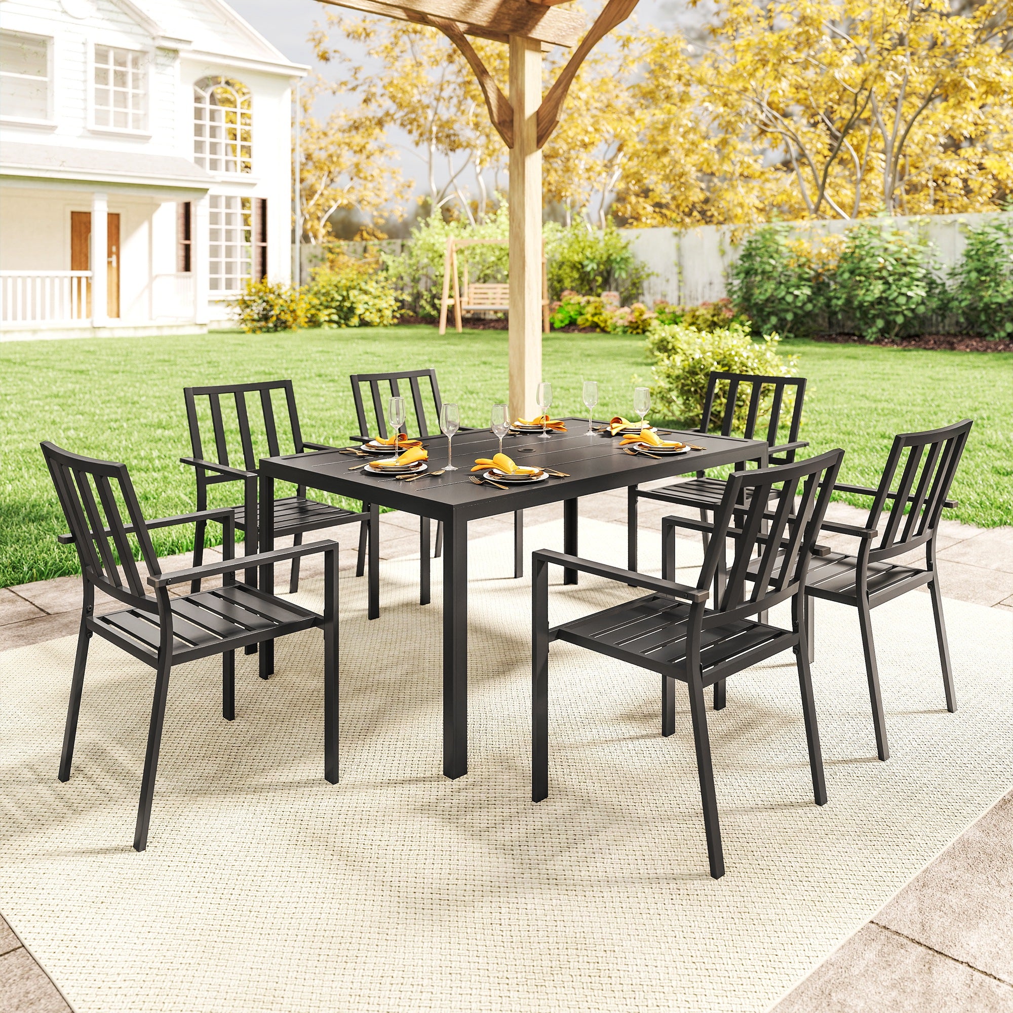 Outsunny Seven-Piece Minimal Metal Garden Dining Set, with Parasol Hole - Black - North Peak Garden Furniture