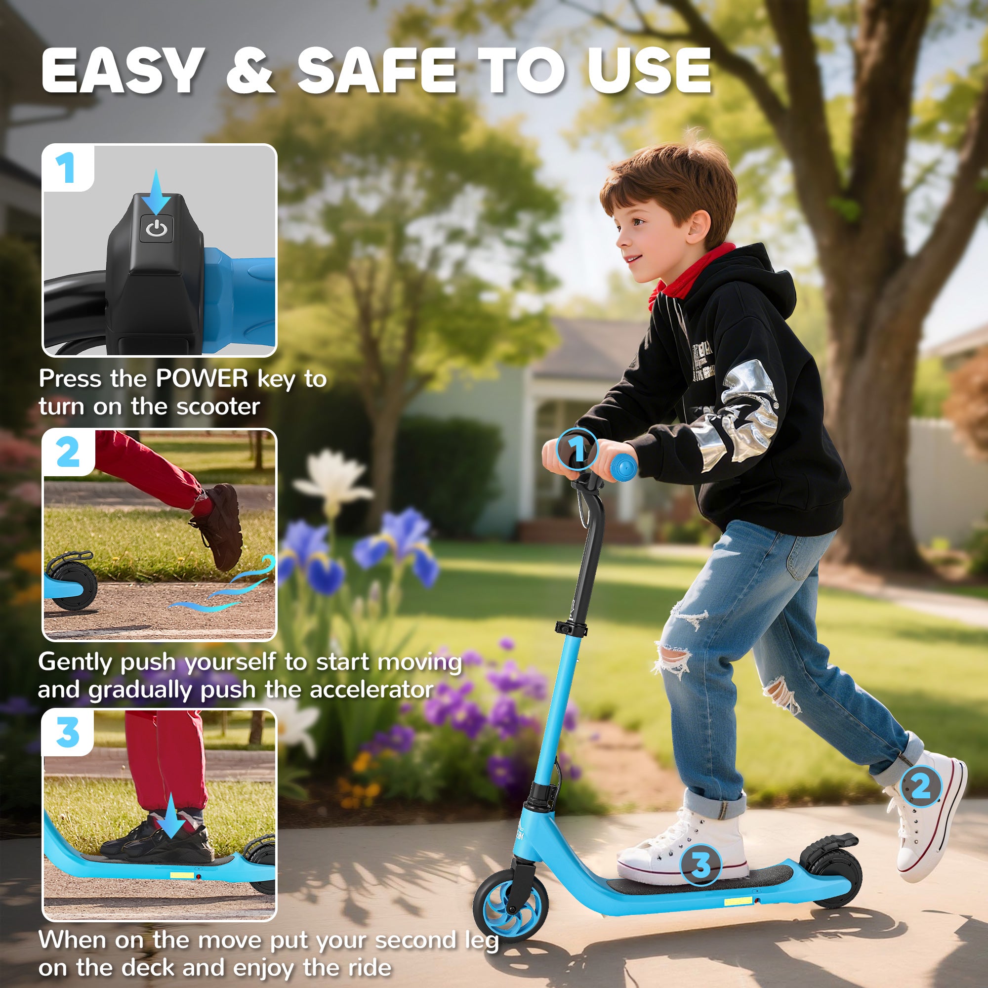 HOMCOM Electric Scooter, 120W Motor E-Scooter with Battery Display, Adjustable Height, Rear Brake for Ages 6+ Years - Blue