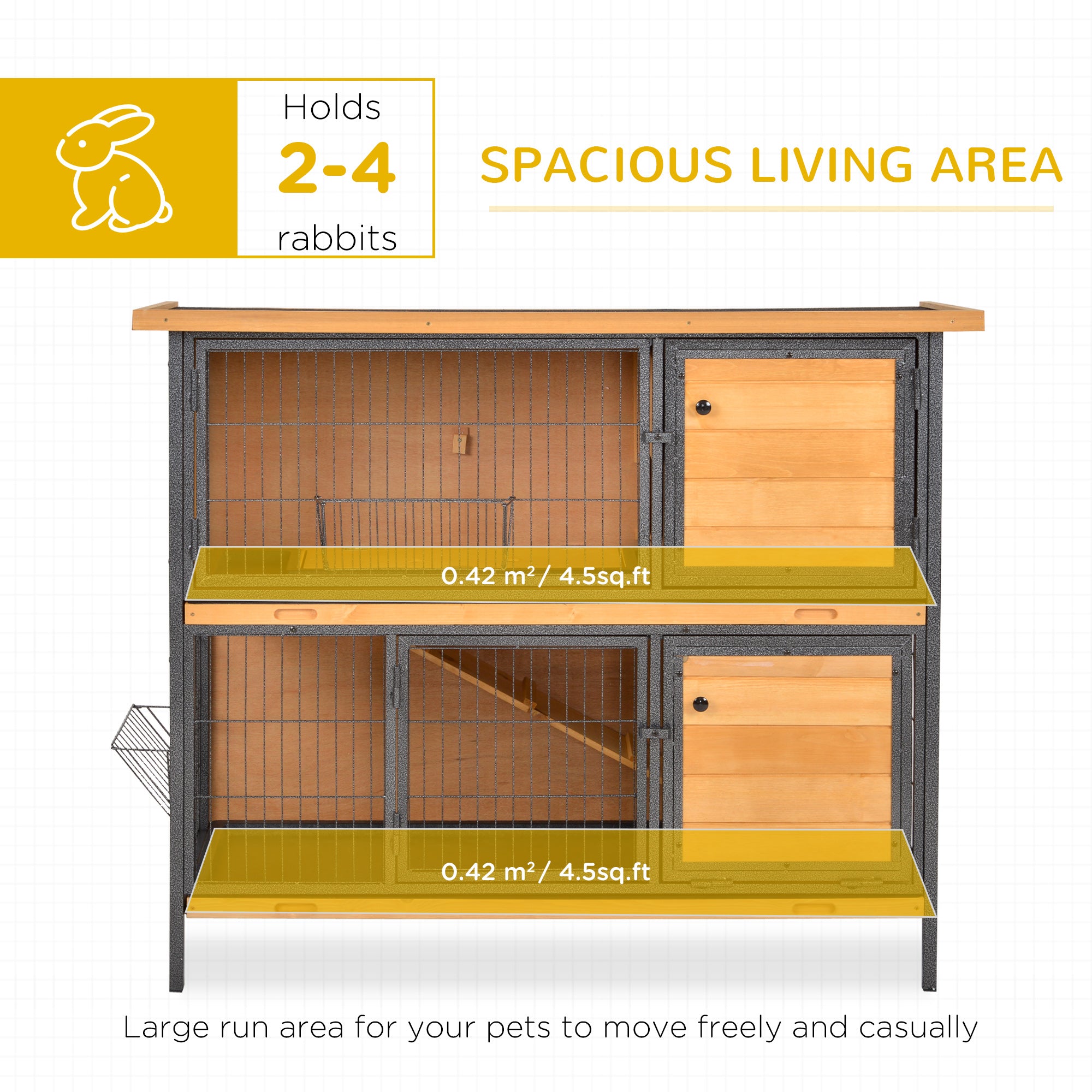 PawHut Rabbit Hutch Outdoor Guinea Pig Hutch Bunny Cage Metal Frame with No-Leak Tray Openable Roof Light Yellow 122 x 50 x 101cm - North Peak Garden Furniture