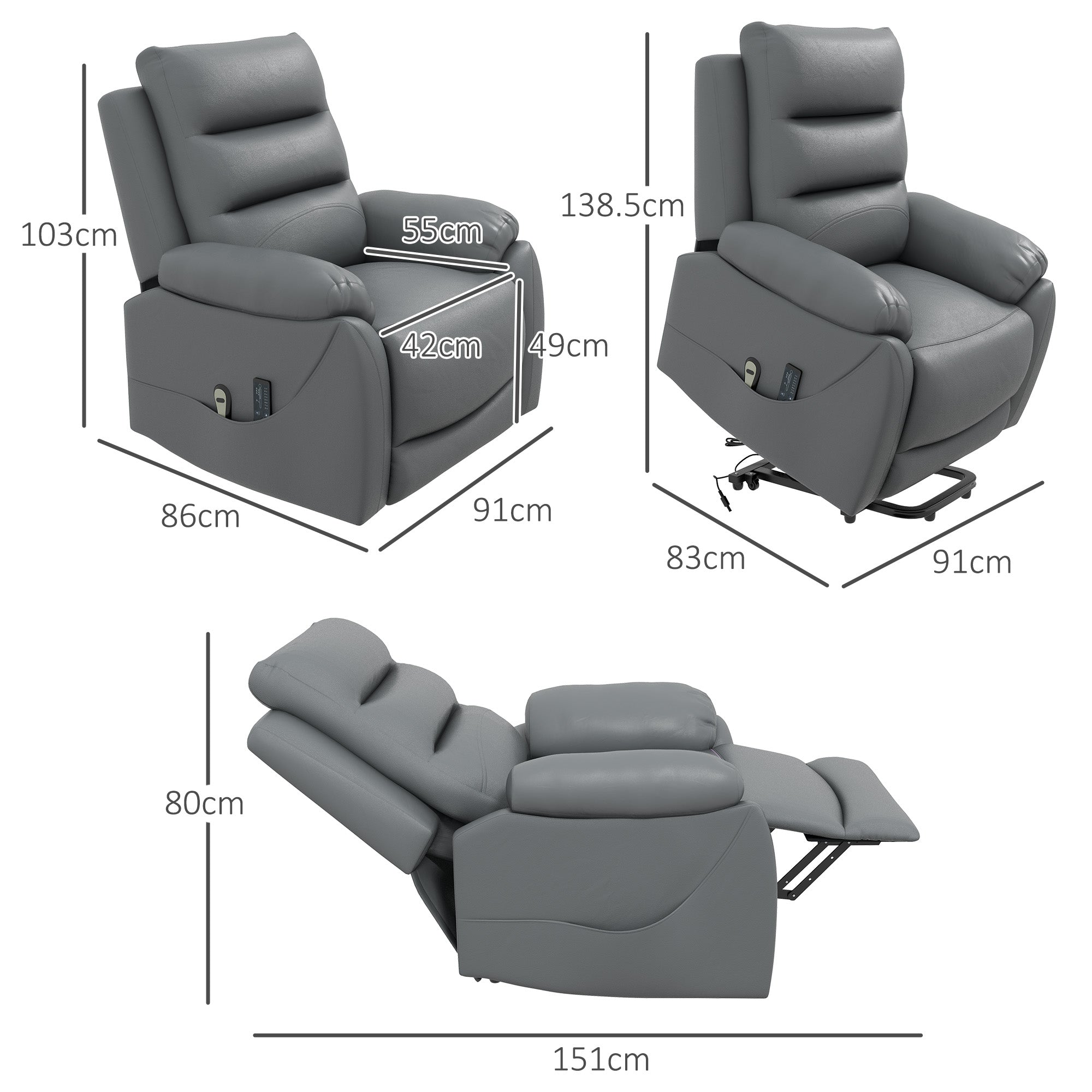 HOMCOM Electric Riser and Recliner for Elderly with 8 Vibration Massage, PU Leather Power Lift Recliner Chair for Living Room with Side Pockets, Footrest, Grey - North Peak Garden Furniture