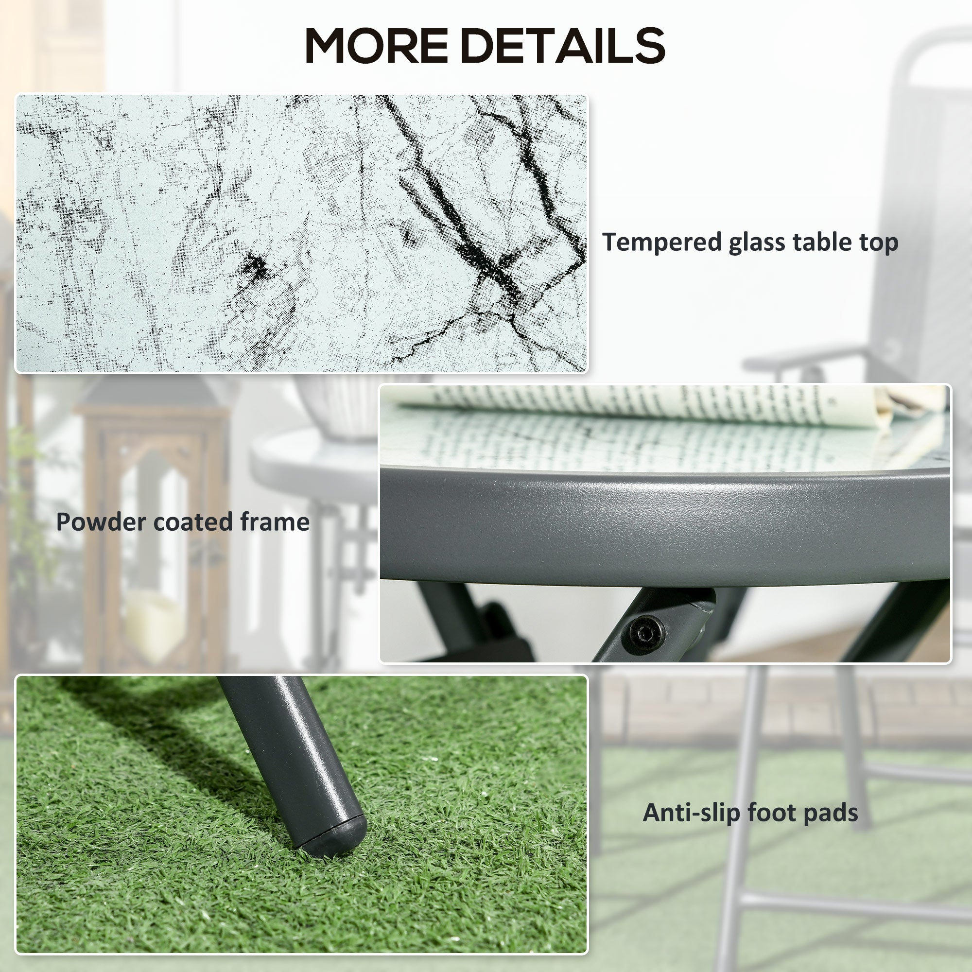 Outsunny Φ45cm Garden Side Table, Outdoor Round Folding Patio Table with Imitation Marble Glass Top, Small Coffee Table, White - North Peak Garden Furniture