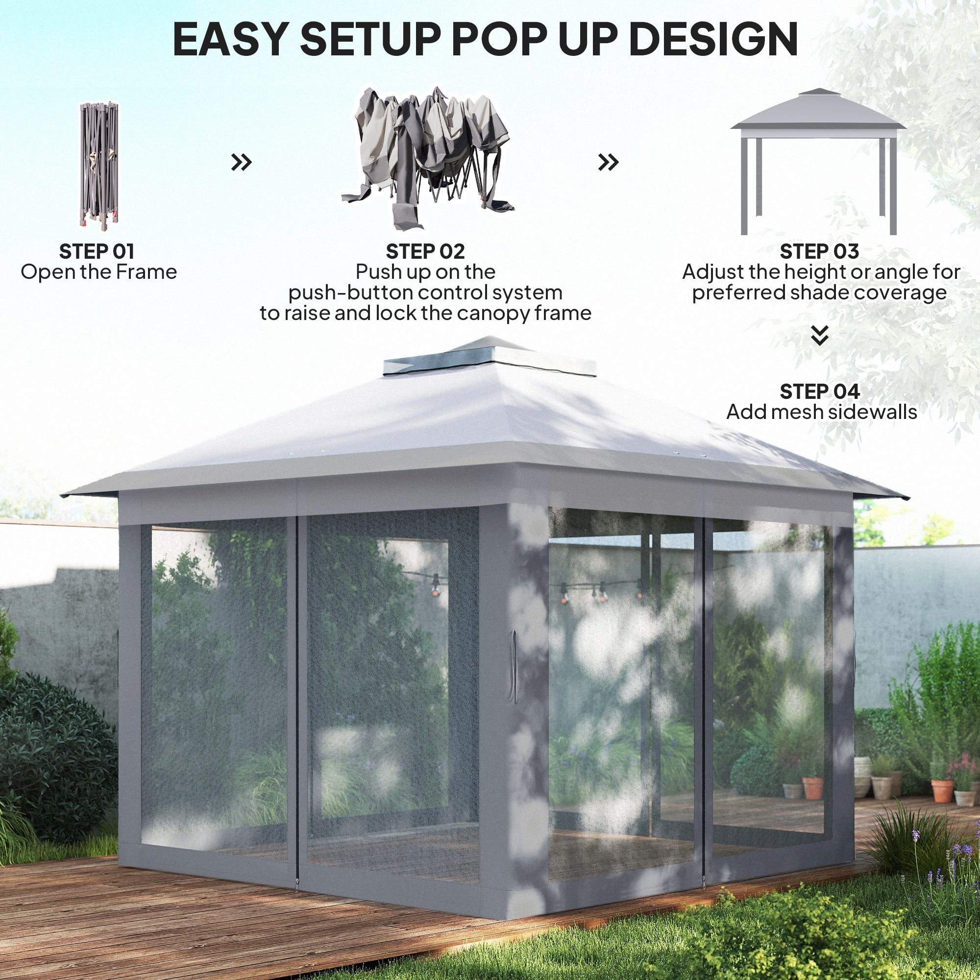 Outsunny 330cm x 330cm Pop Up Canopy, Double Roof Foldable Canopy Tent with Zipped Mesh Sidewalls, Height Adjustable and Carrying Bag, Event Tent for Patio Garden, Grey