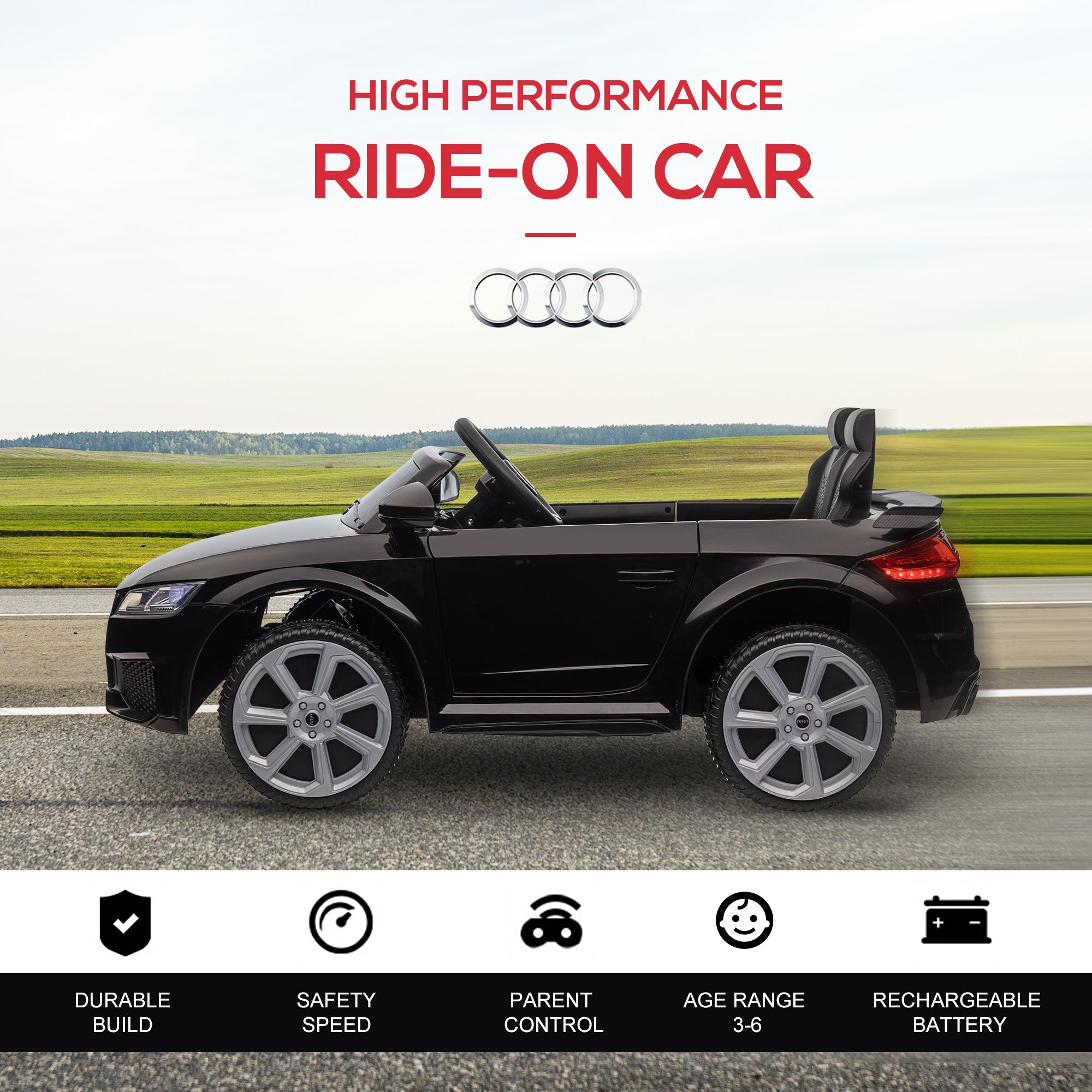 HOMCOM Kids Licensed Audi TT Ride-On Car 12V Battery w/ Remote Suspension Headlights and MP3 Player 2.5-5km/h Black