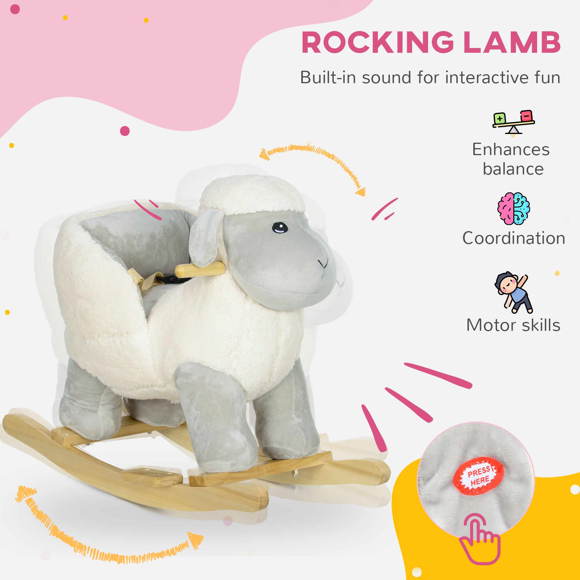 AIYAPLAY Rocking Horse, Ride on Lamb with Safety Belt, Sound, for Ages 1-3 Years, Grey