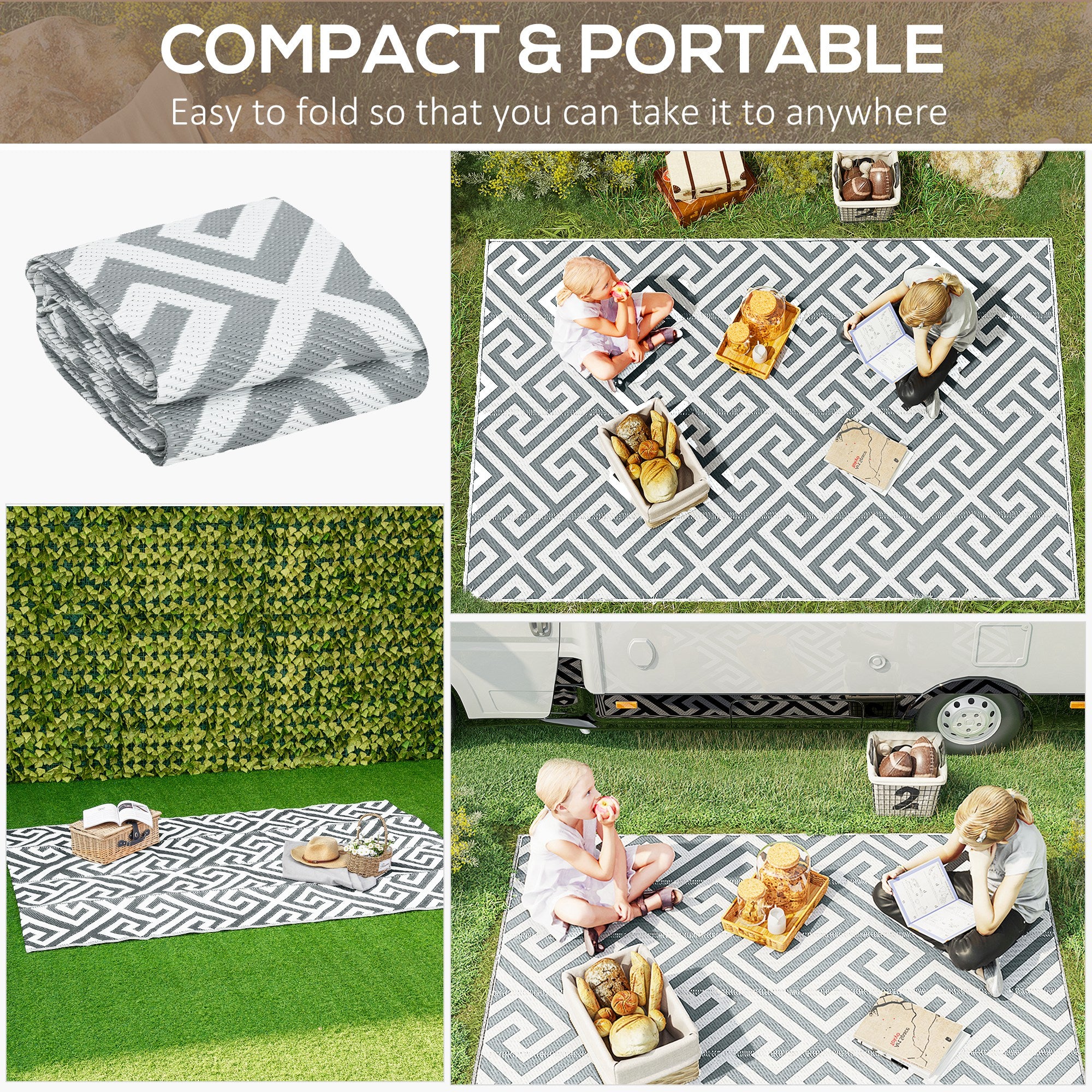 Outsunny Outdoor Rug Reversible Mat Plastic Straw Rug Portable RV Camping Mat for Garden Picnic Indoor, 152x243cm, Light Grey - North Peak Garden Furniture
