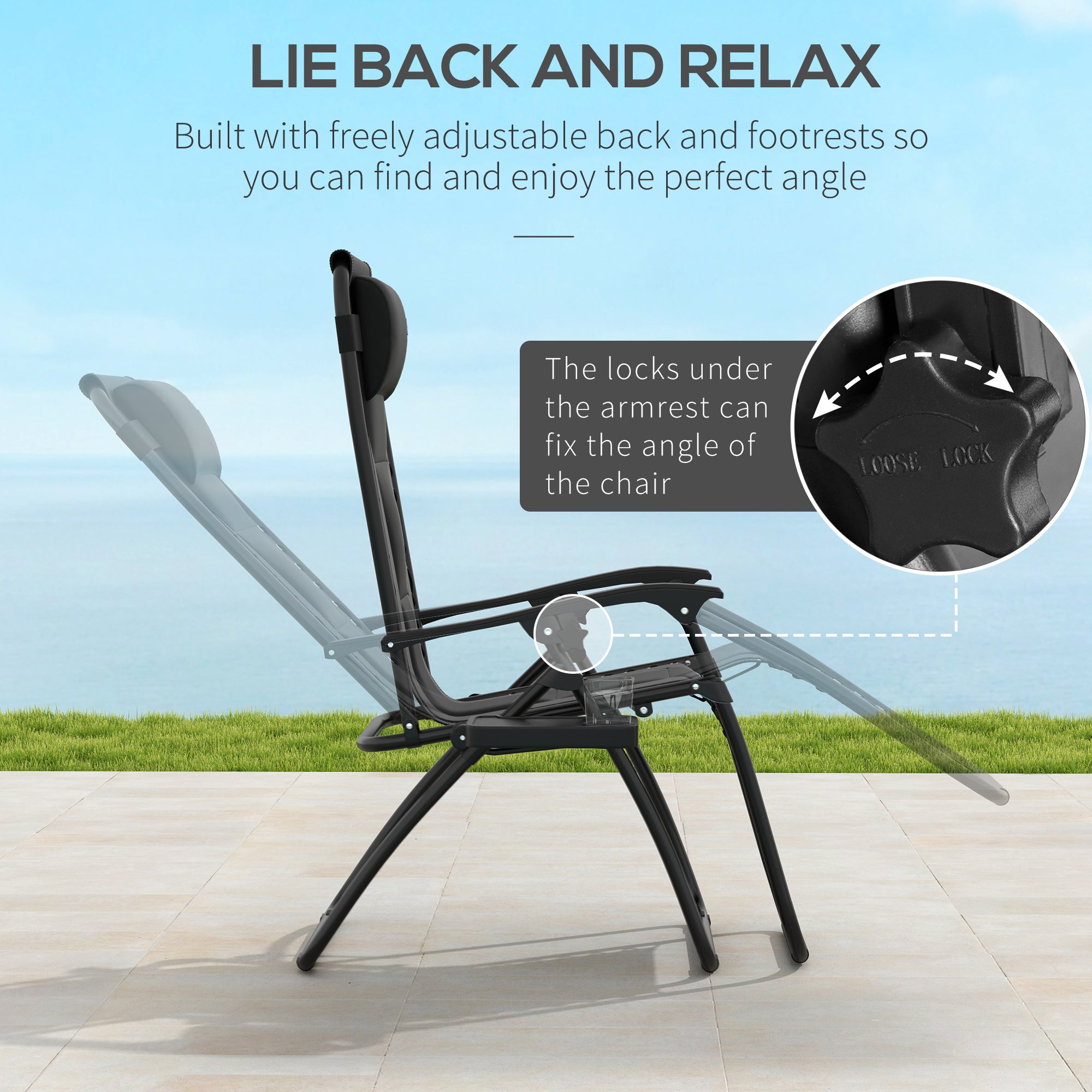 Outsunny Zero Gravity Lounger Chair, Folding Reclining Patio Chair with Padded Seat, Cup Holder, Soft Cushion and Headrest for Poolside, Camping, Black - North Peak Garden Furniture
