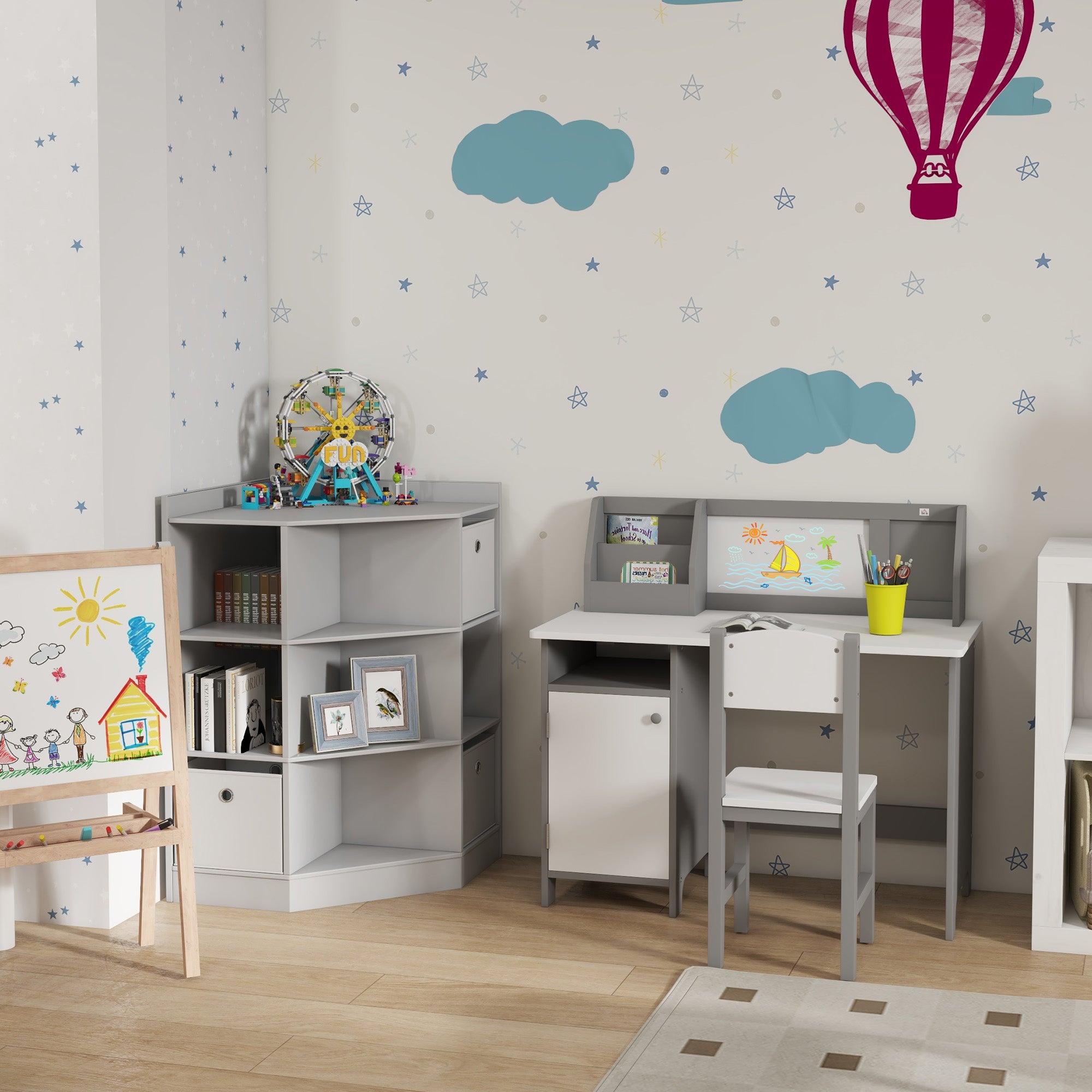 HOMCOM Kids Table and Chair Set w/ Whiteboard - Grey - North Peak Garden Furniture