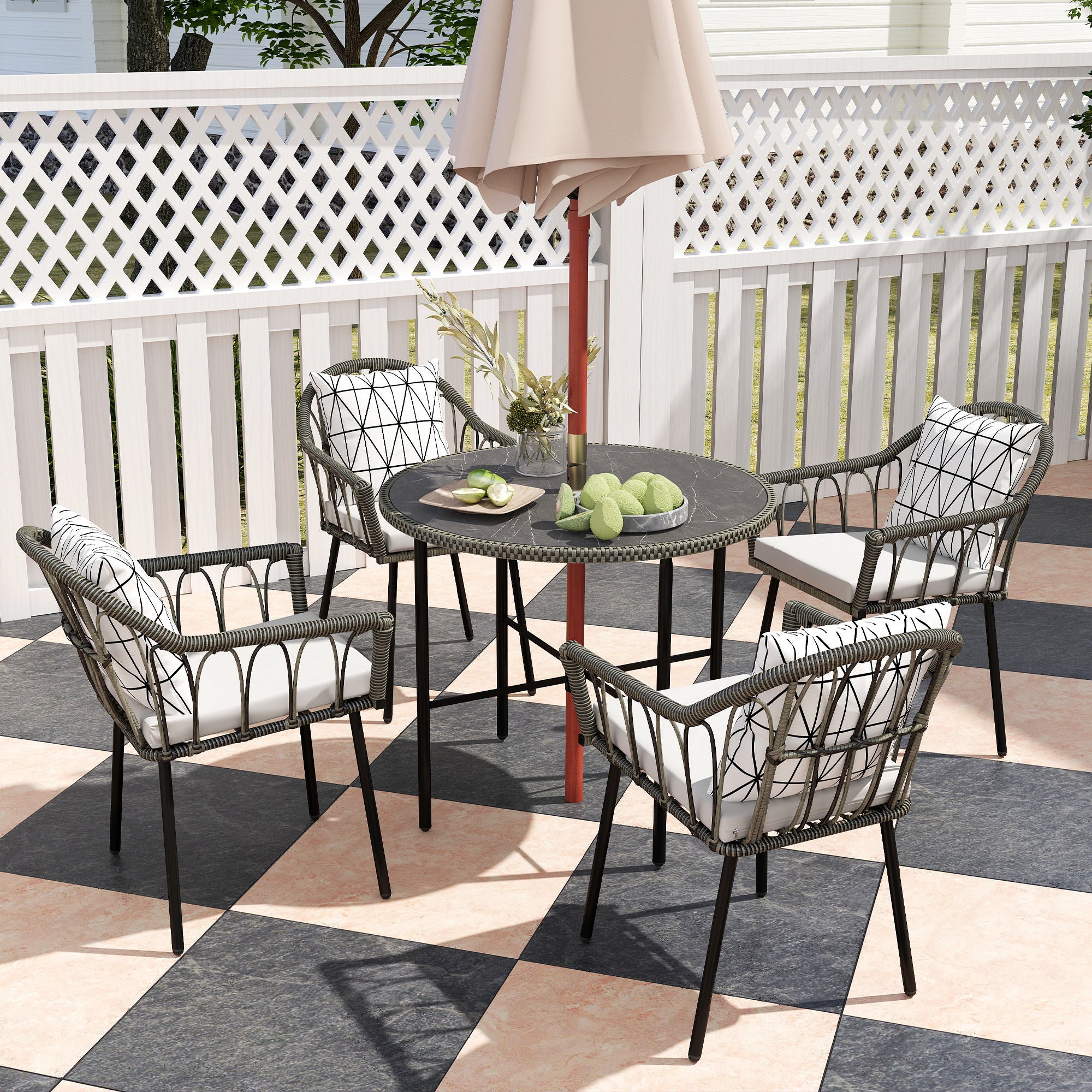 Outsunny 5 Piece Patio Rattan Dining Set, Wicker Garden Table and Chairs w/ Removable Seat & Back Cushions, Round Tempered Glass Tabletop, Parasol Hole, Outdoor Furniture Conservatory Set, Grey - North Peak Garden Furniture