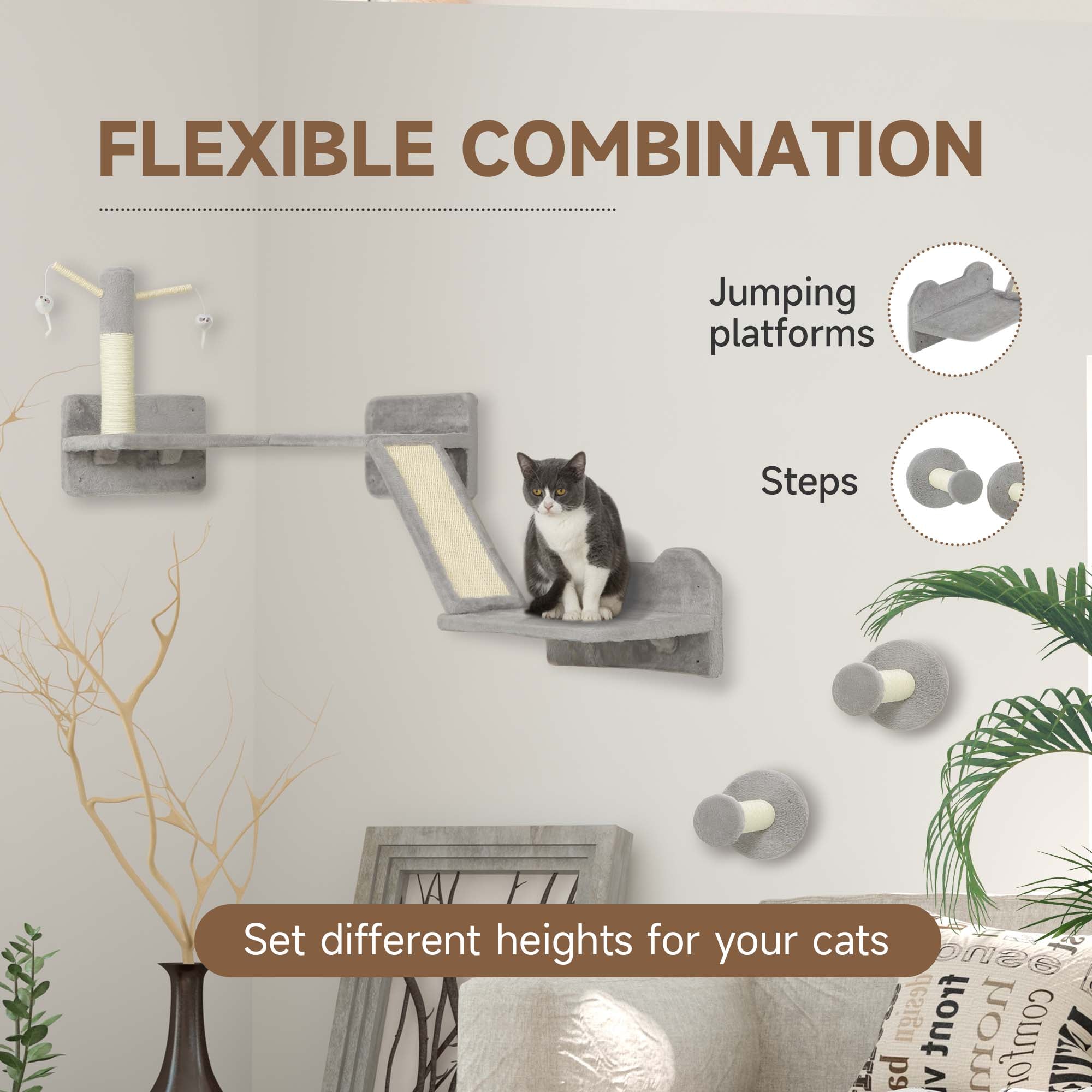 PawHut 3-Piece Cat Wall Furniture with Scratching Posts, Scratching Pads, Perches, Cat Wands, Toy Balls, Light Grey - North Peak Garden Furniture