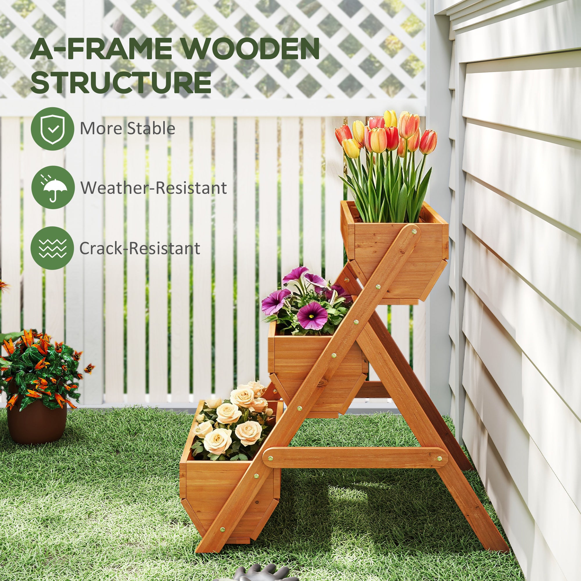 Outsunny 3 Tier Raised Garden Bed Wooden Elevated Planter Box Kit, 66L for Flower, Vegetable, Herb, 65x75x78cm, Brown