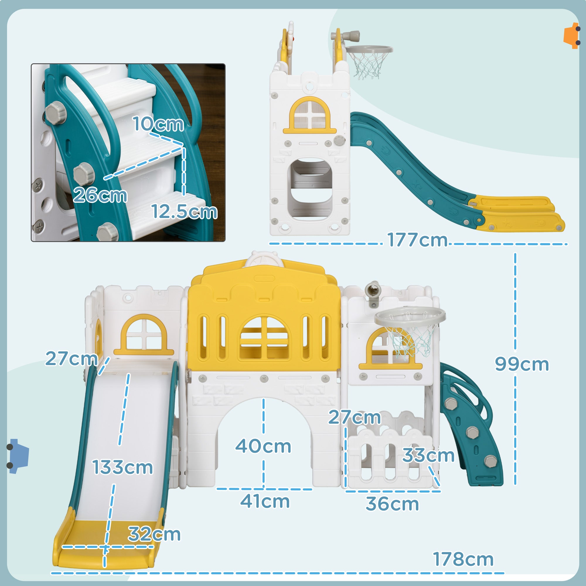AIYAPLAY 7-in-1 Toddler Slide for Ages 1-3 Years with Basketball Hoop - North Peak Garden Furniture