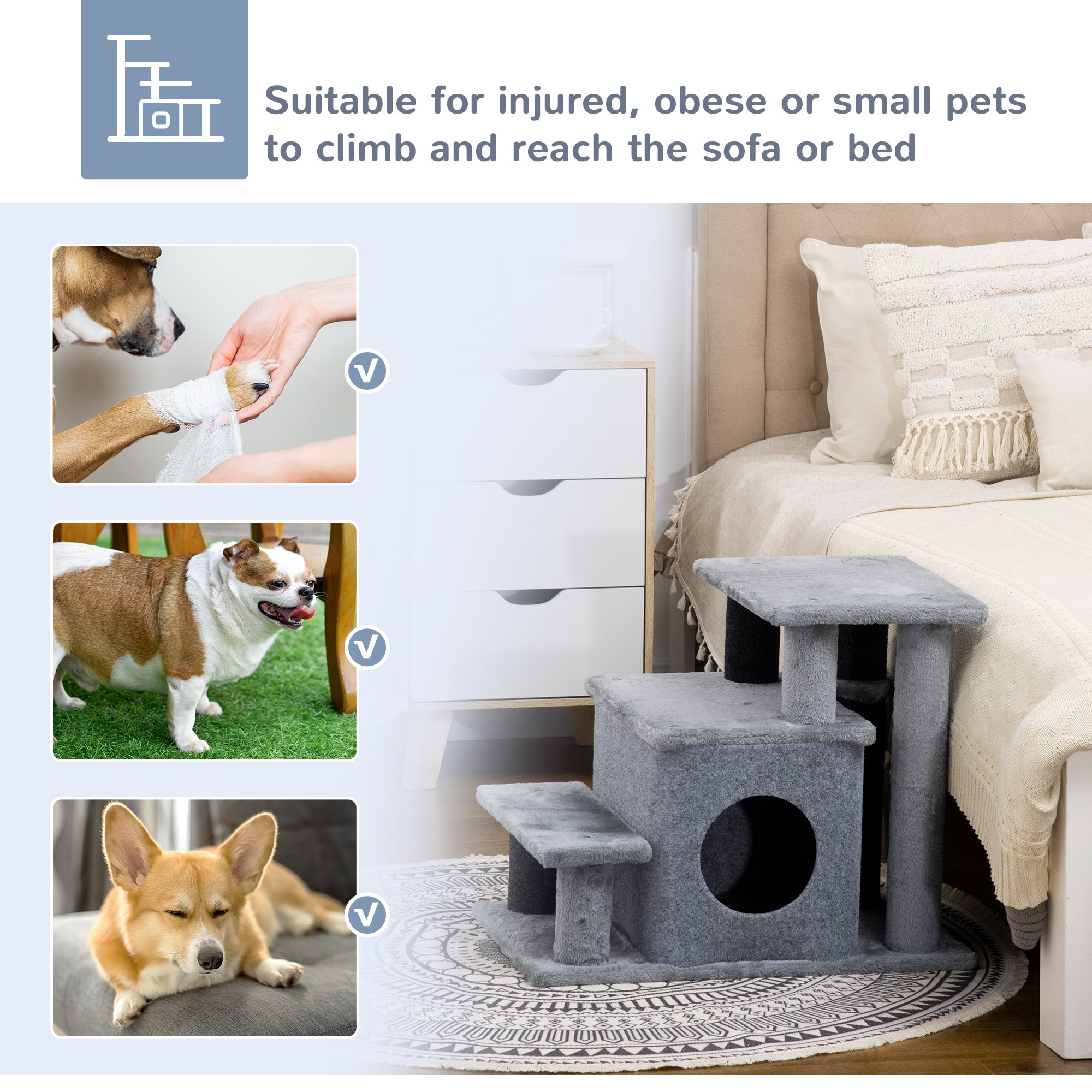 PawHut Adjustable Cat Steps, with House & Hanging Toy Ball - Grey - North Peak Garden Furniture