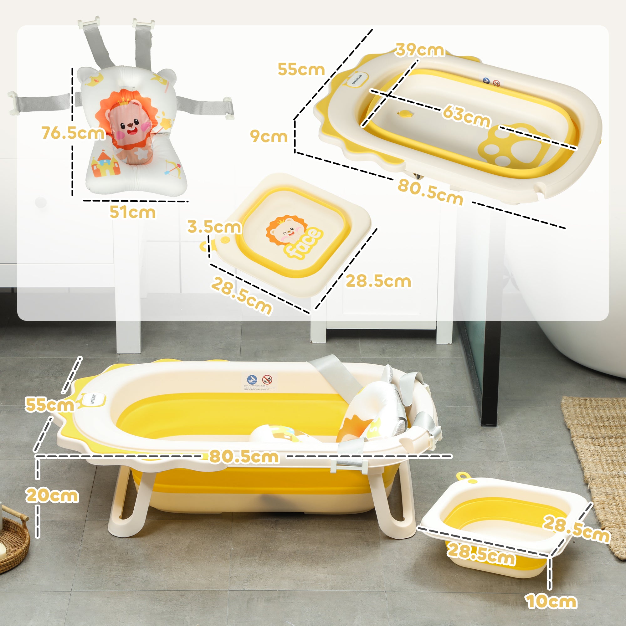 AIYAPLAY Foldable Baby Bath Tub Set with Bath Cushion, Wash Basin, Non-slip Stand & Bottom, Yellow - North Peak Garden Furniture