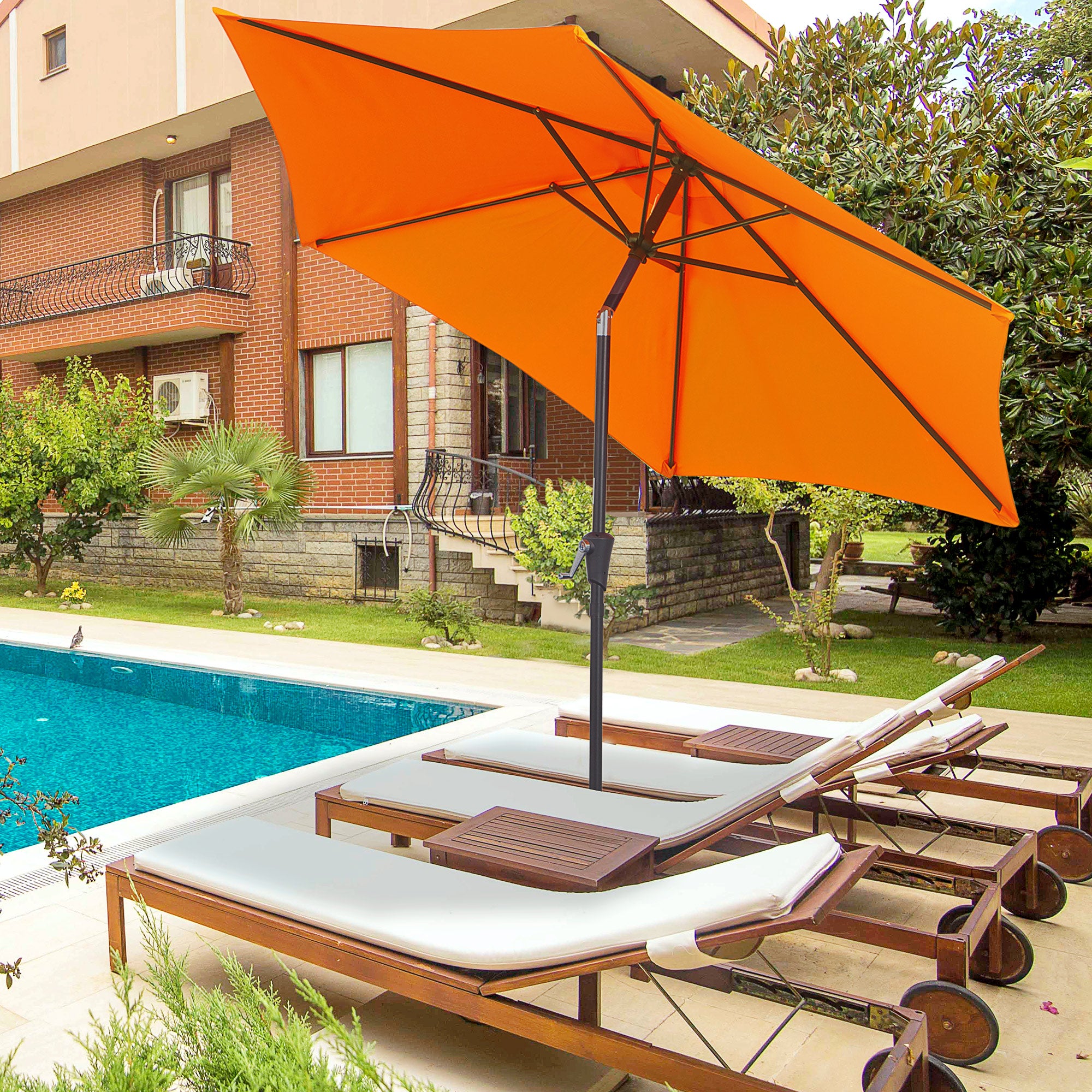Outsunny 2.7M Garden Parasol Umbrella with Tilt and Crank, Outdoor Sun Parasol Sunshade Shelter with Aluminium Frame, Orange - North Peak Garden Furniture