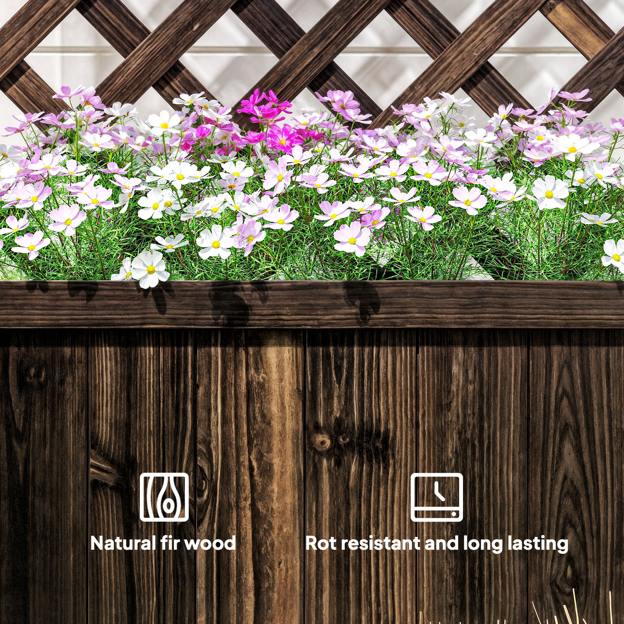 Outsunny 72.5 x 31.5 x 149.5 cm 45L Garden Wooden Pine Trough Planter with Topped Trellis Climbing Plants Flower Raised Bed, Carbonised Finish