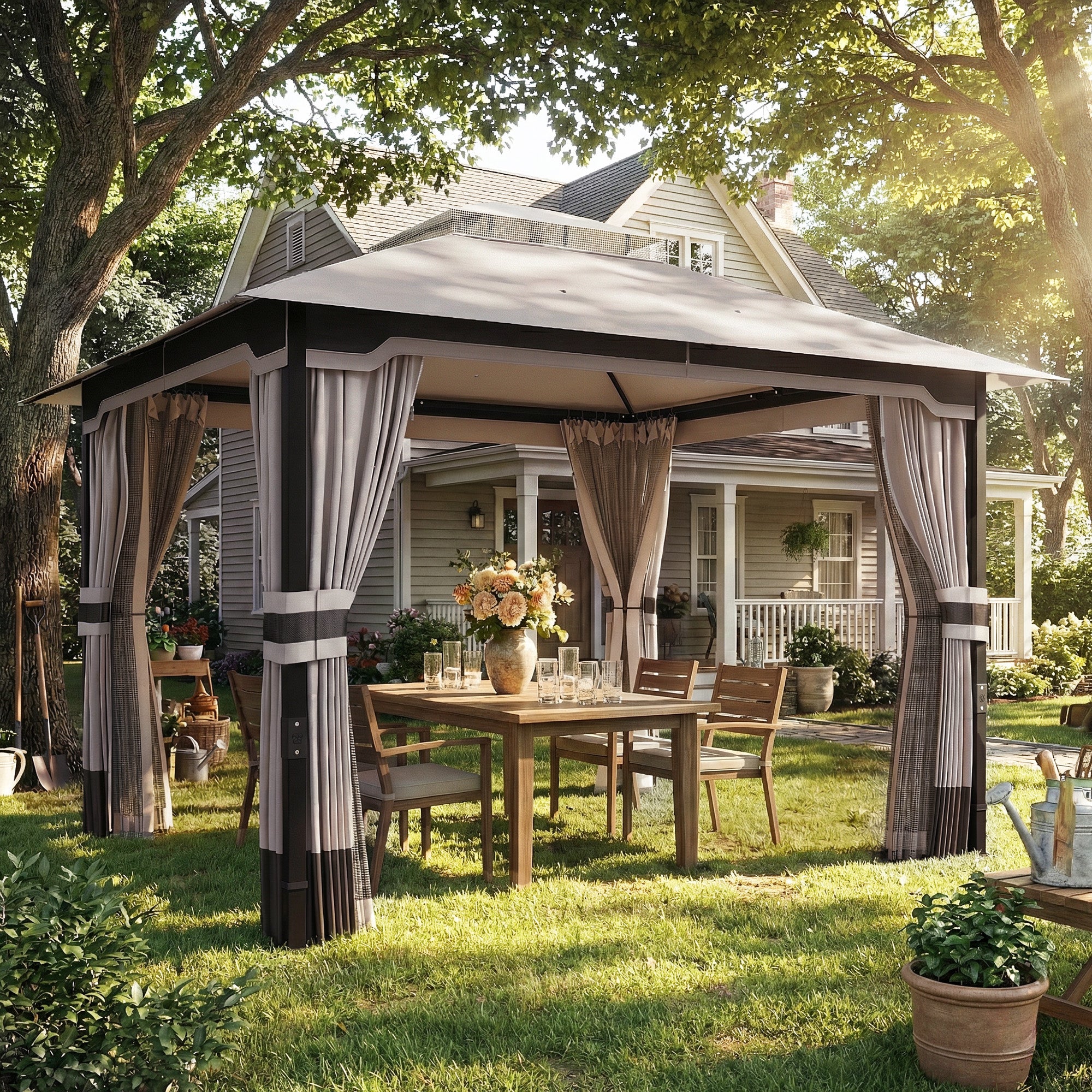 Outsunny 3 x 3.6 m Outdoor Garden Gazebo with Netting and Curtains, Double Roof Patio Gazebo Permanent Pavilion, Khaki