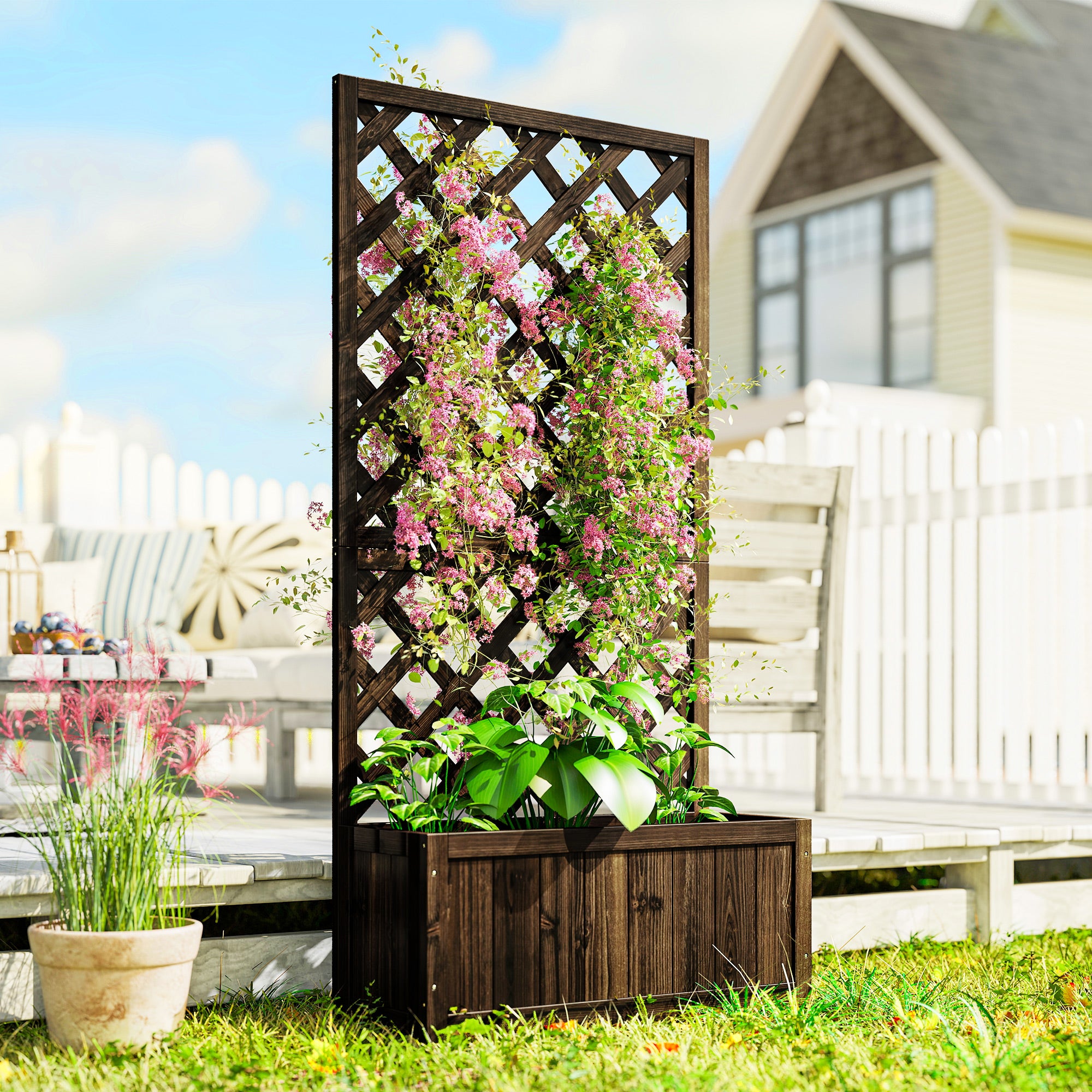 Outsunny 72.5 x 31.5 x 149.5 cm 45L Garden Wooden Pine Trough Planter with Topped Trellis Climbing Plants Flower Raised Bed, Carbonised Finish