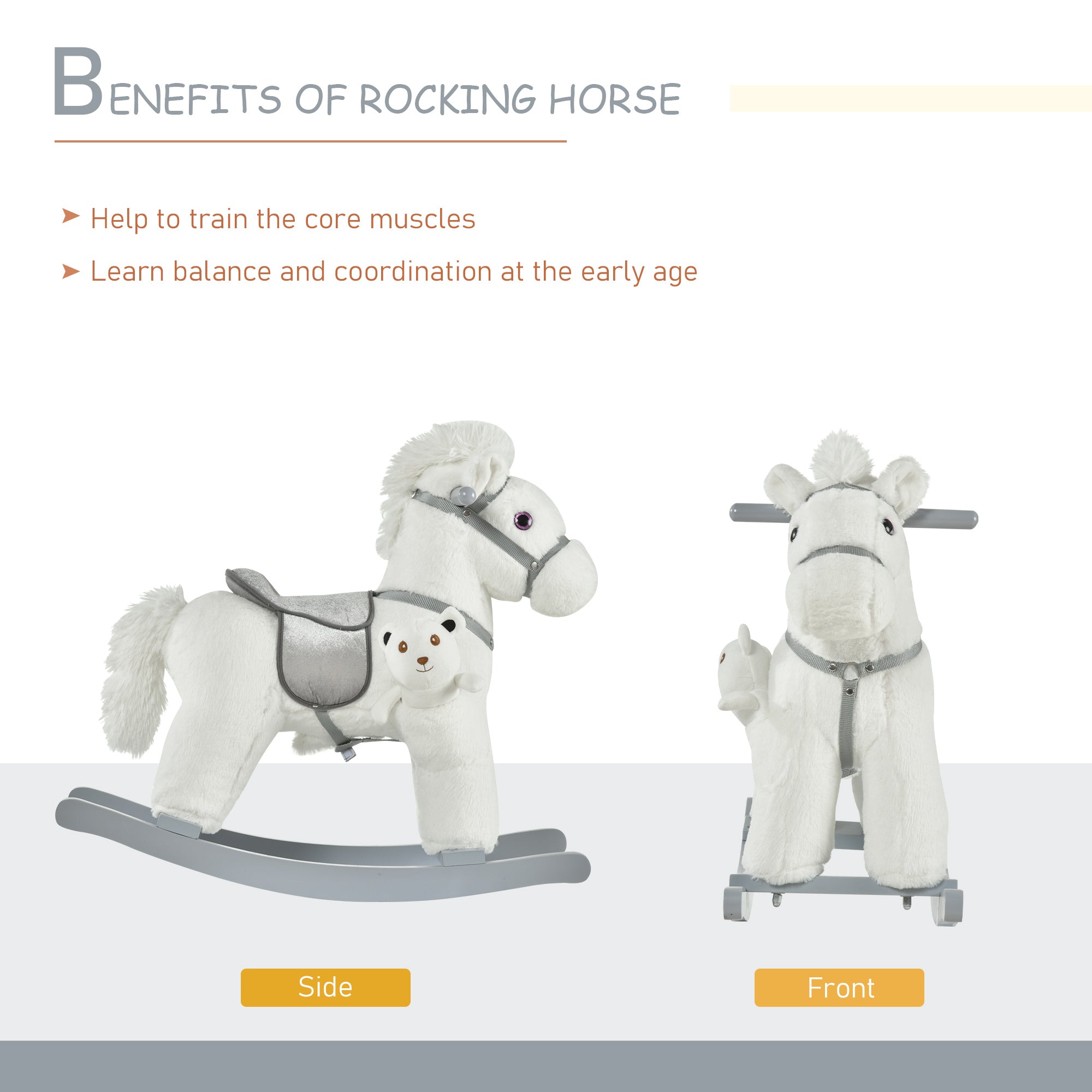 HOMCOM Kids Plush Ride-On Rocking Horse Toy Rocker with Plush Toy Realistic Sounds for Child 18-36 Months White - North Peak Garden Furniture
