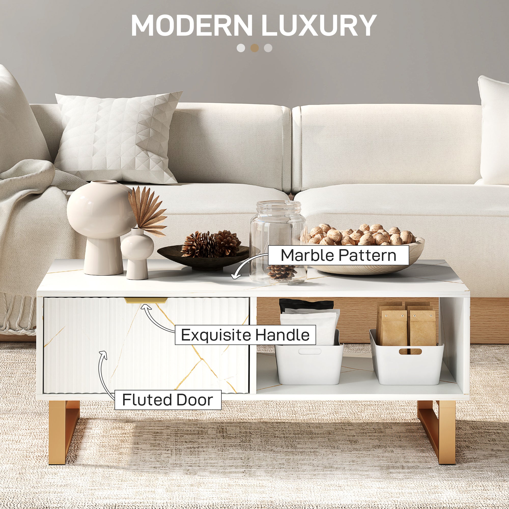 HOMCOM Elegant Marble Effect Storage Coffee Table - White - North Peak Garden Furniture