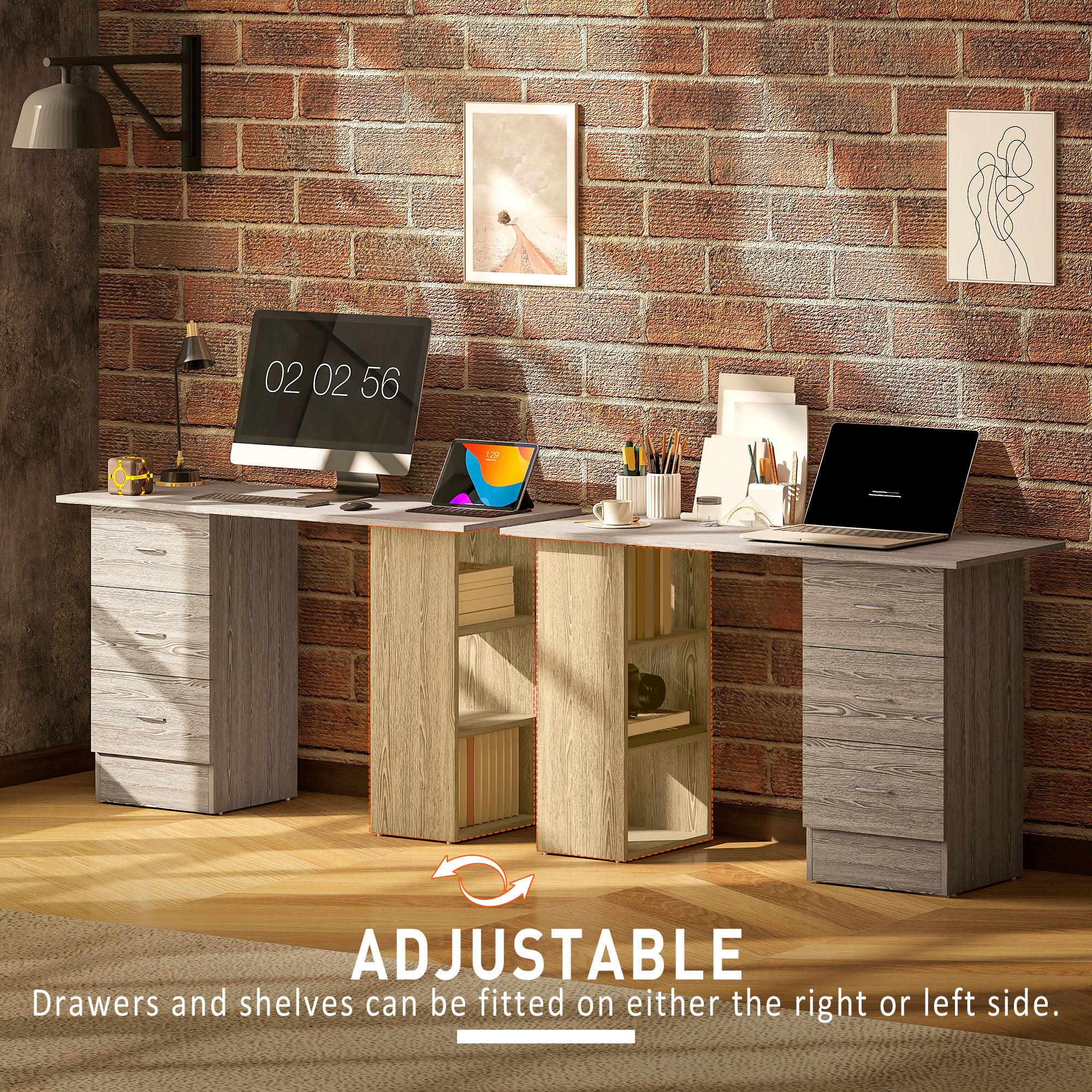 HOMCOM Computer Desk, Writing Table, PC Workstation with 3 Storage Shelves and Drawers, Silver Handle, for Home Office, Grey