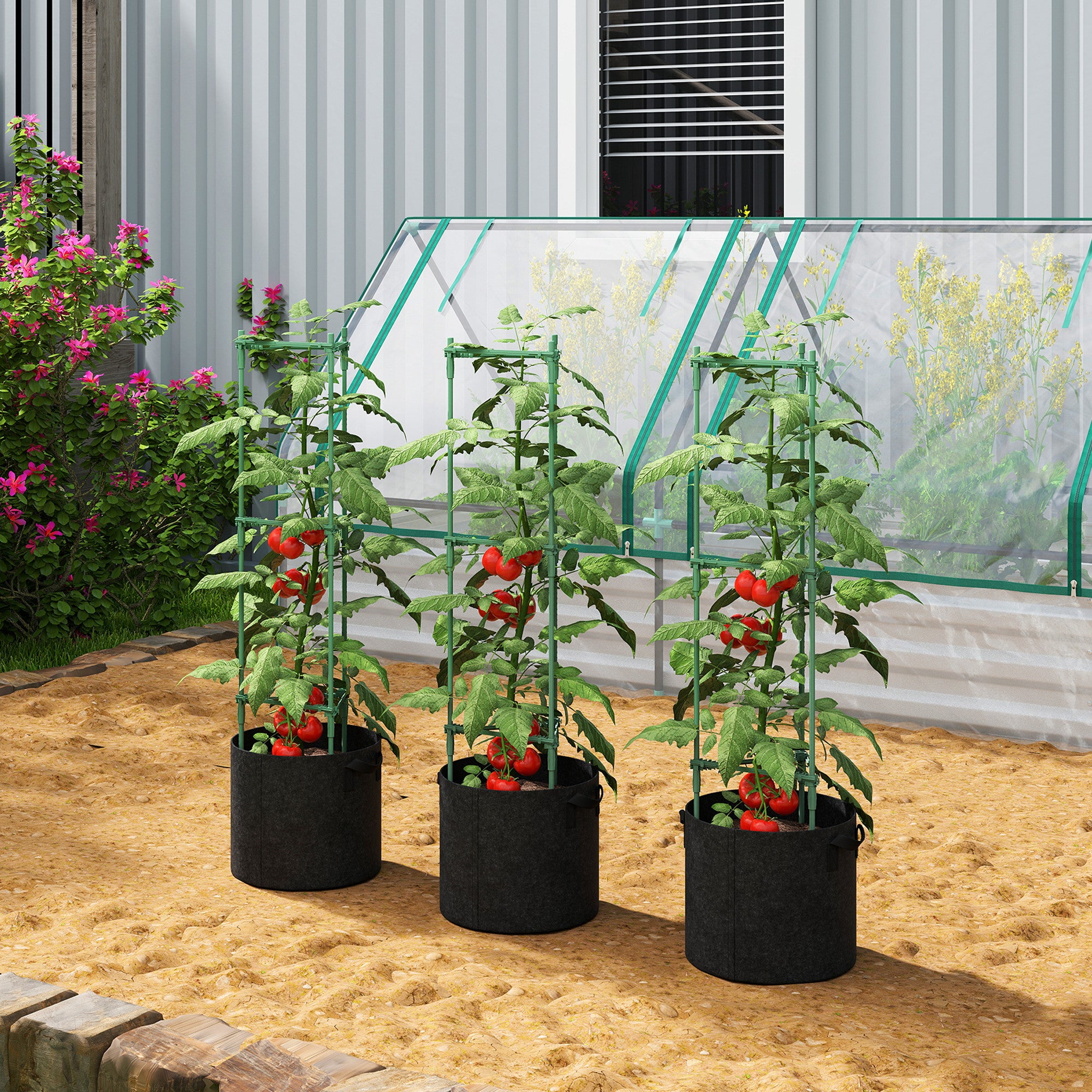 Outsunny 3 Packs Tomato Cages with 83.7L Grow Bags, 120cm Adjutstable Triangle Plant Stakes Support Trellis with Planter Bags