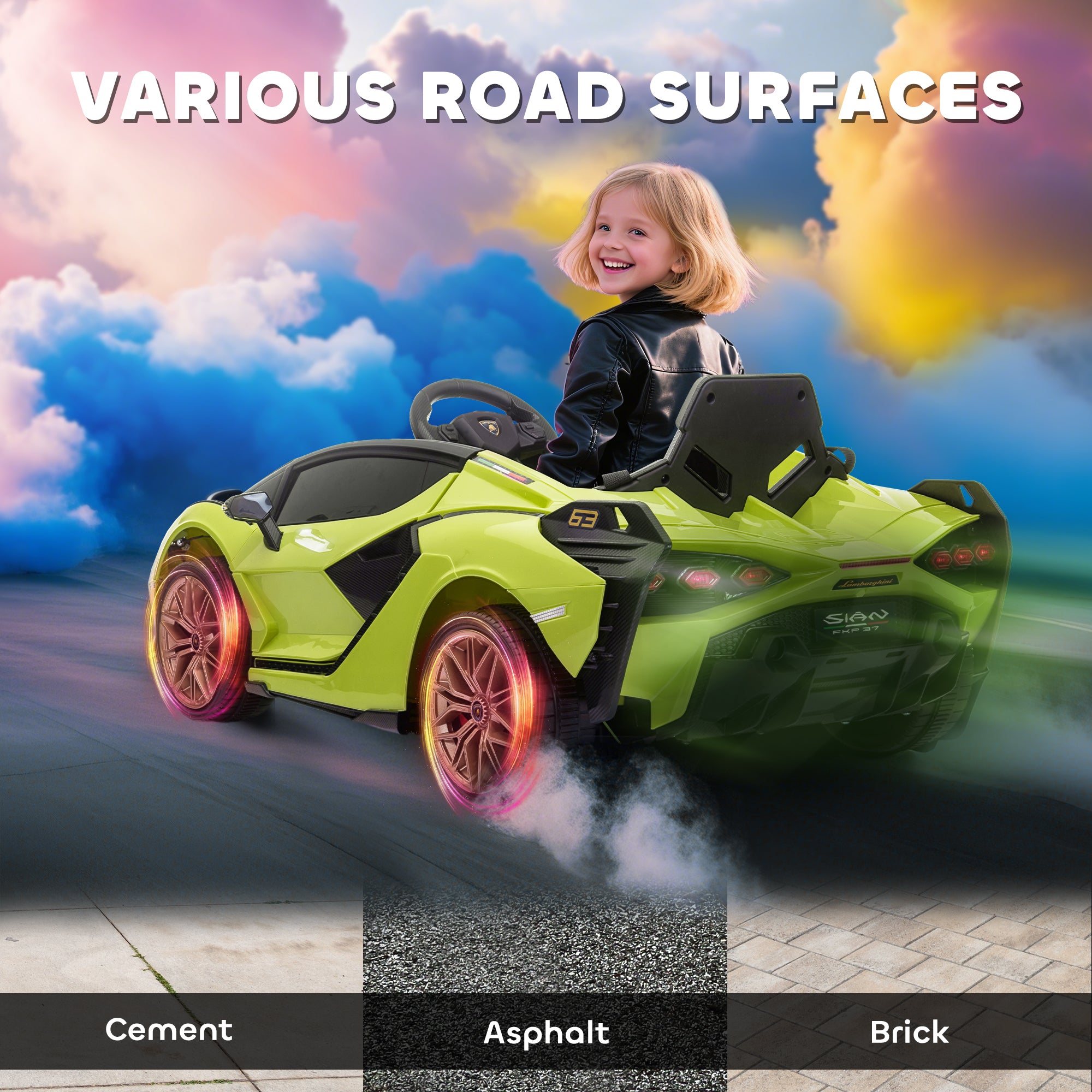 HOMCOM Lamborghini Sian Licensed 12V Kids Electric Ride On Car 2 Motors Toy Car with Remote Control Music Lights MP3 for 3-5 Years Green
