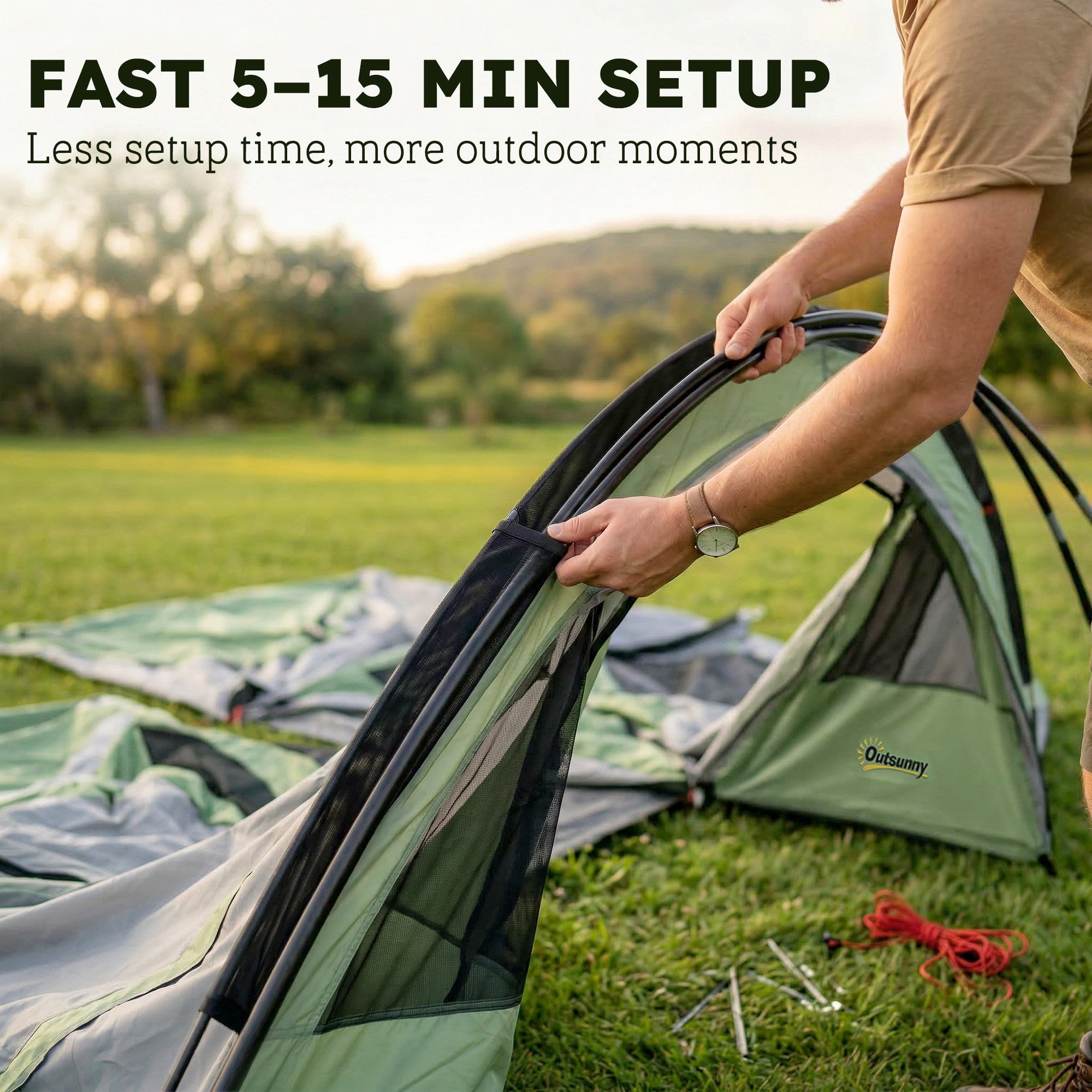 Outsunny 4 Person Easy Setup Family Camping Tent with 2 Rooms, Waterproof Tunnel Tent w/ Sewn In Groundsheet, Green & Grey