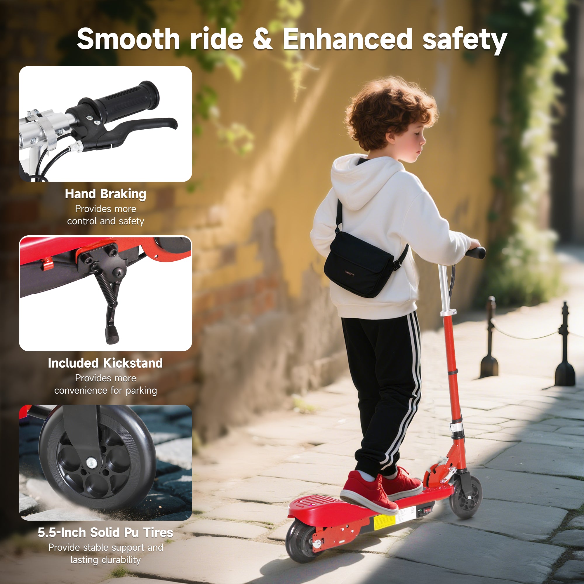 HOMCOM Folding Electric Kids Scooter Ride on Age 7-14, Red/Black