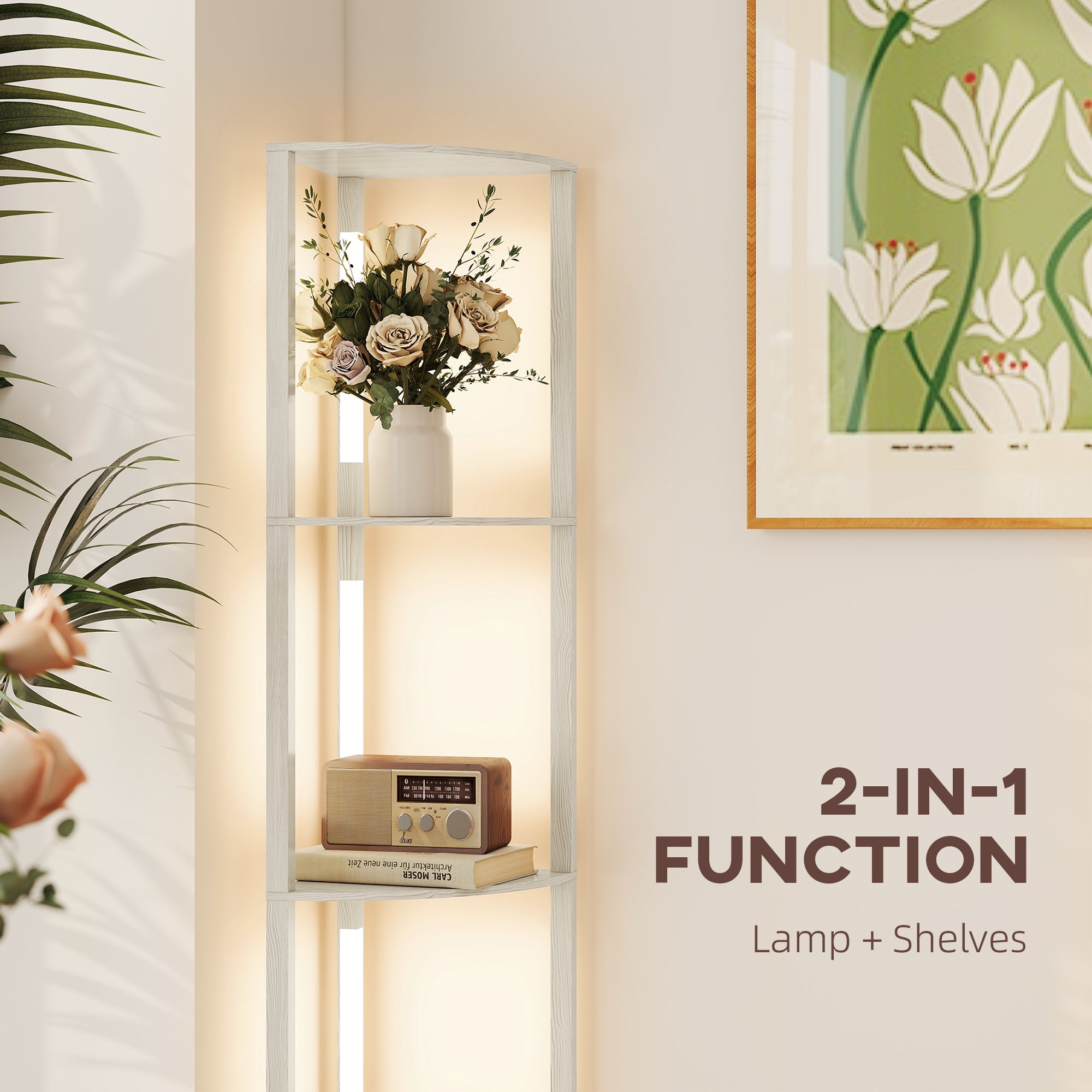 HOMCOM Corner Floor Lamp for Living Room Bedroom with Dimmable Warm White LED Light, Modern Tall Standing Lamp, Oak - North Peak Garden Furniture