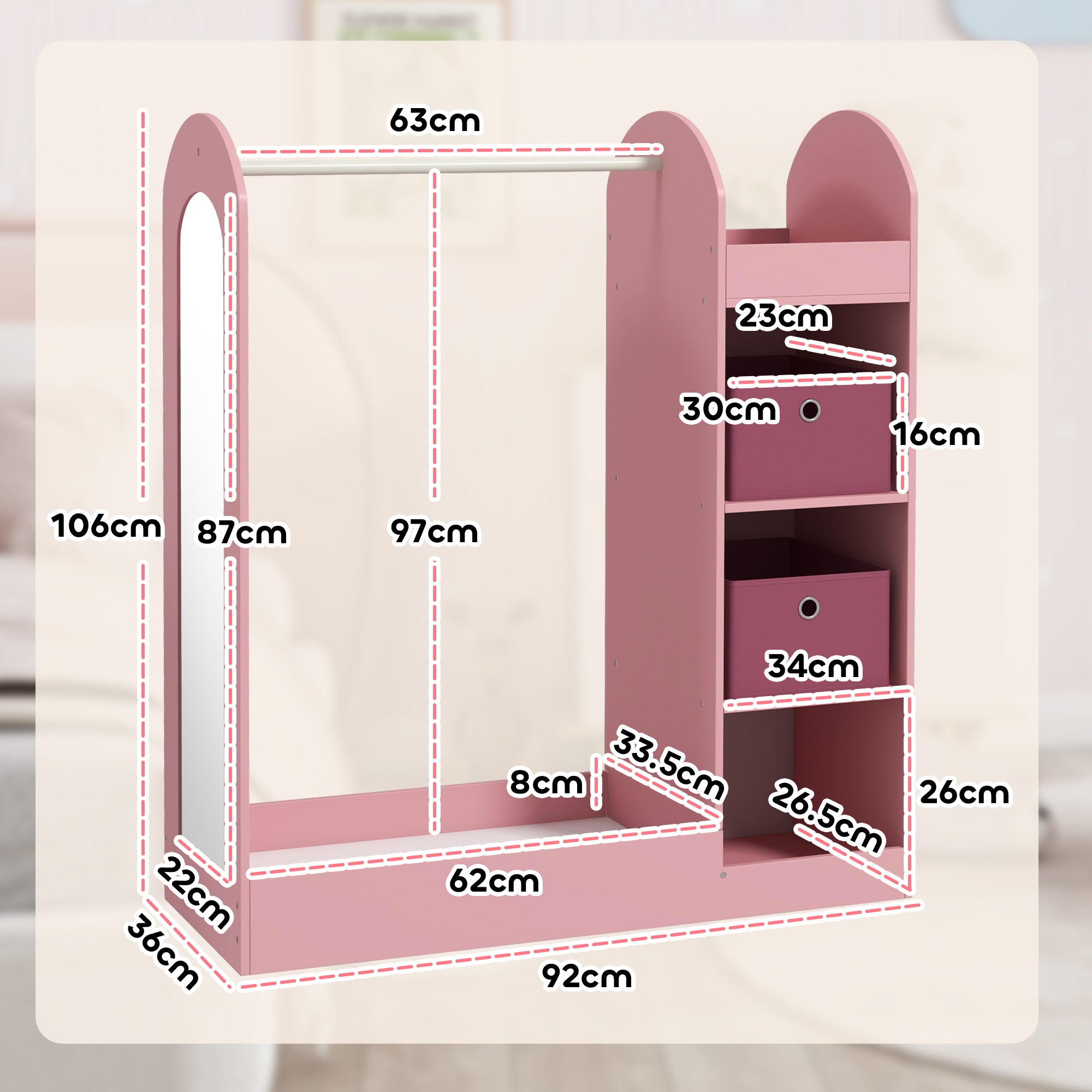 AIYAPLAY Kids Clothes Rail with Storage Shelf, Boxes, Mirror for Bedroom, Nursery, Pink - North Peak Garden Furniture