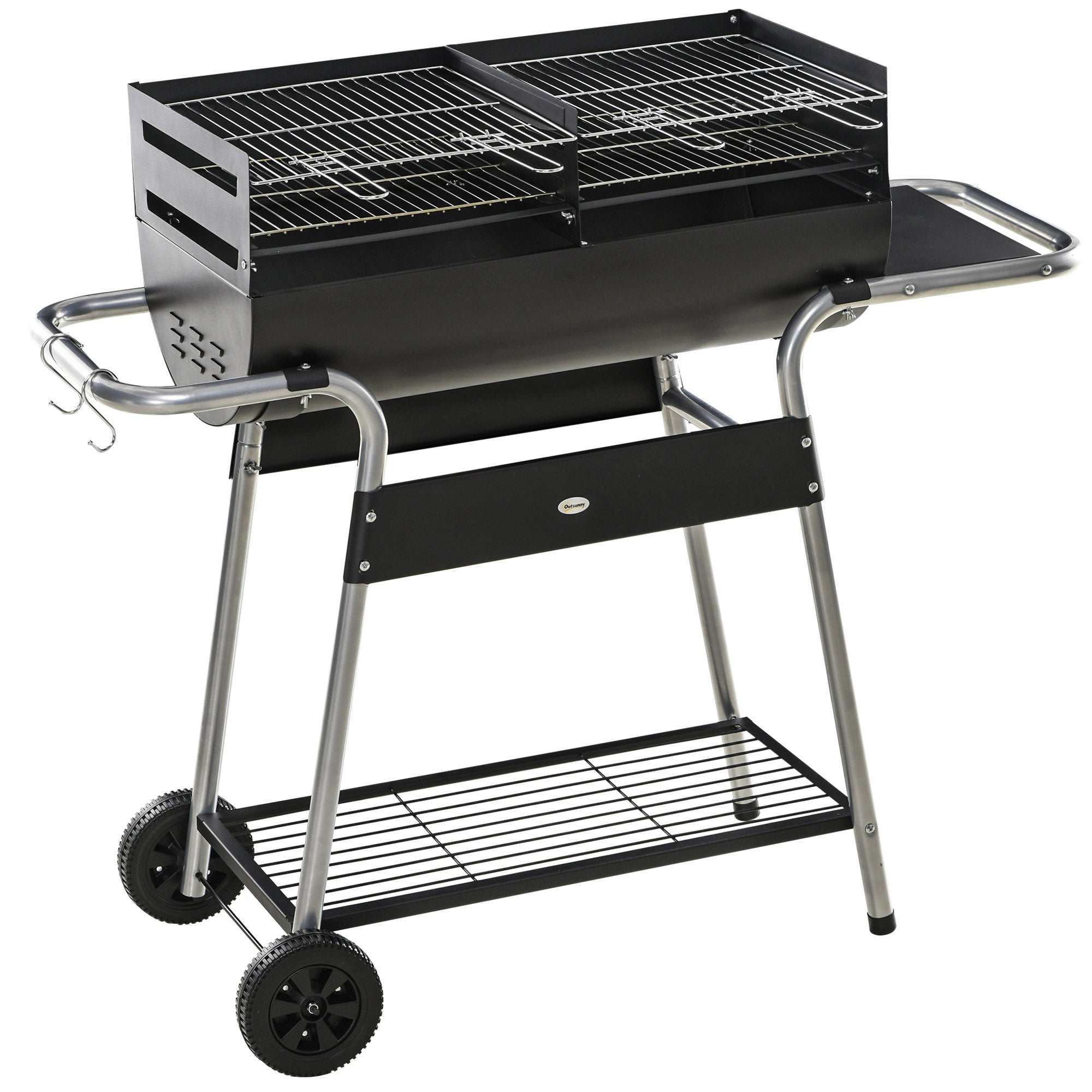 Outsunny Charcoal Barbecue Grill BBQ Trolley with Double Grill, Side Table, Storage Shelf, and Wheels for Outdoor Cooking, 130 x 51 x 111cm, Black - North Peak Garden Furniture