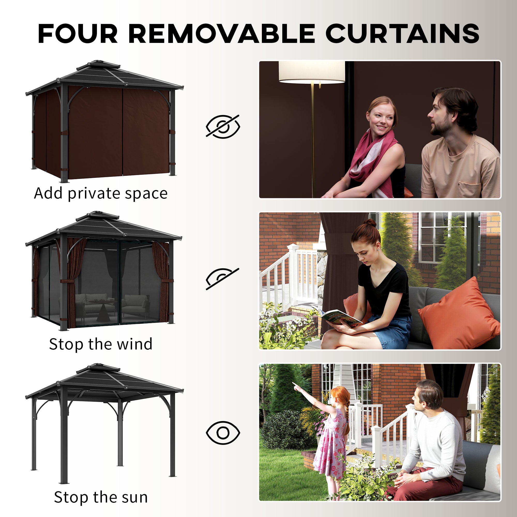 Outsunny 3 x 3(m) Hardtop Gazebo Canopy with 7mm Polycarbonate Double-Tier Roof, Garden Gazebo Permanent Pavilion with Mosquito Netting and Curtains for Patio, Deck, Brown