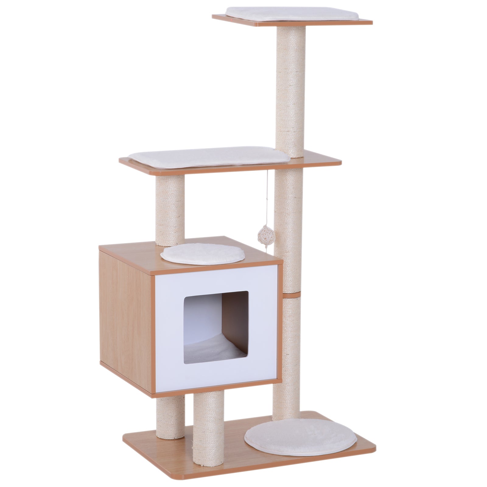 PawHut Wooden Cat Tree with Scratching Post, Multi-level Kitten House Condo, Activity Centre with Cushion and Hanging Toy