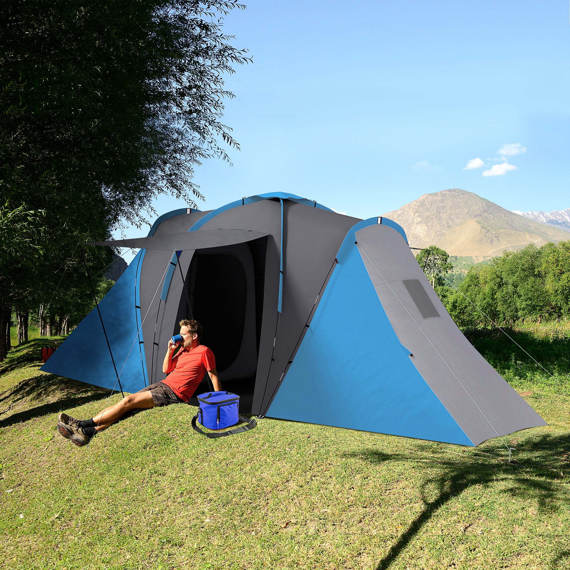 Outsunny Large Camping Tent Tunnel Tent with 2 Bedroom and Living Area, 2000mm Waterproof, Portable with Bag for 4-6 Man, Blue - North Peak Garden Furniture