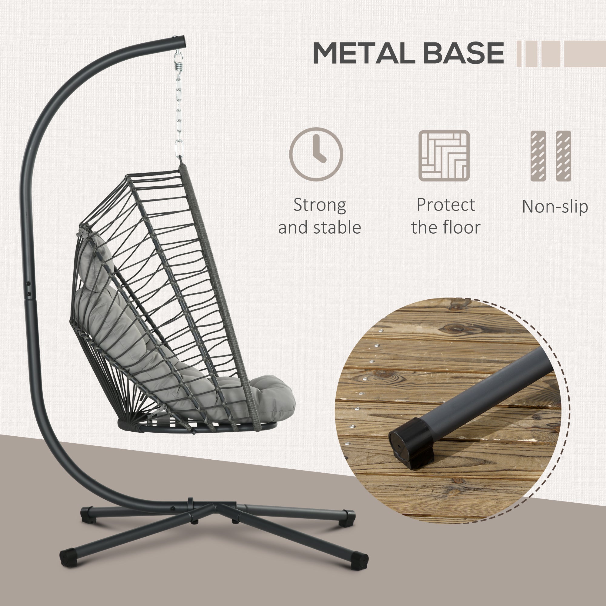 Outsunny Outdoor PE Rattan Swing Chair with Cushion, Garden Foldable Basket Patio Hanging Egg Chair with Metal Stand, Headrest, for Indoor and Outdoor, Light Grey - North Peak Garden Furniture