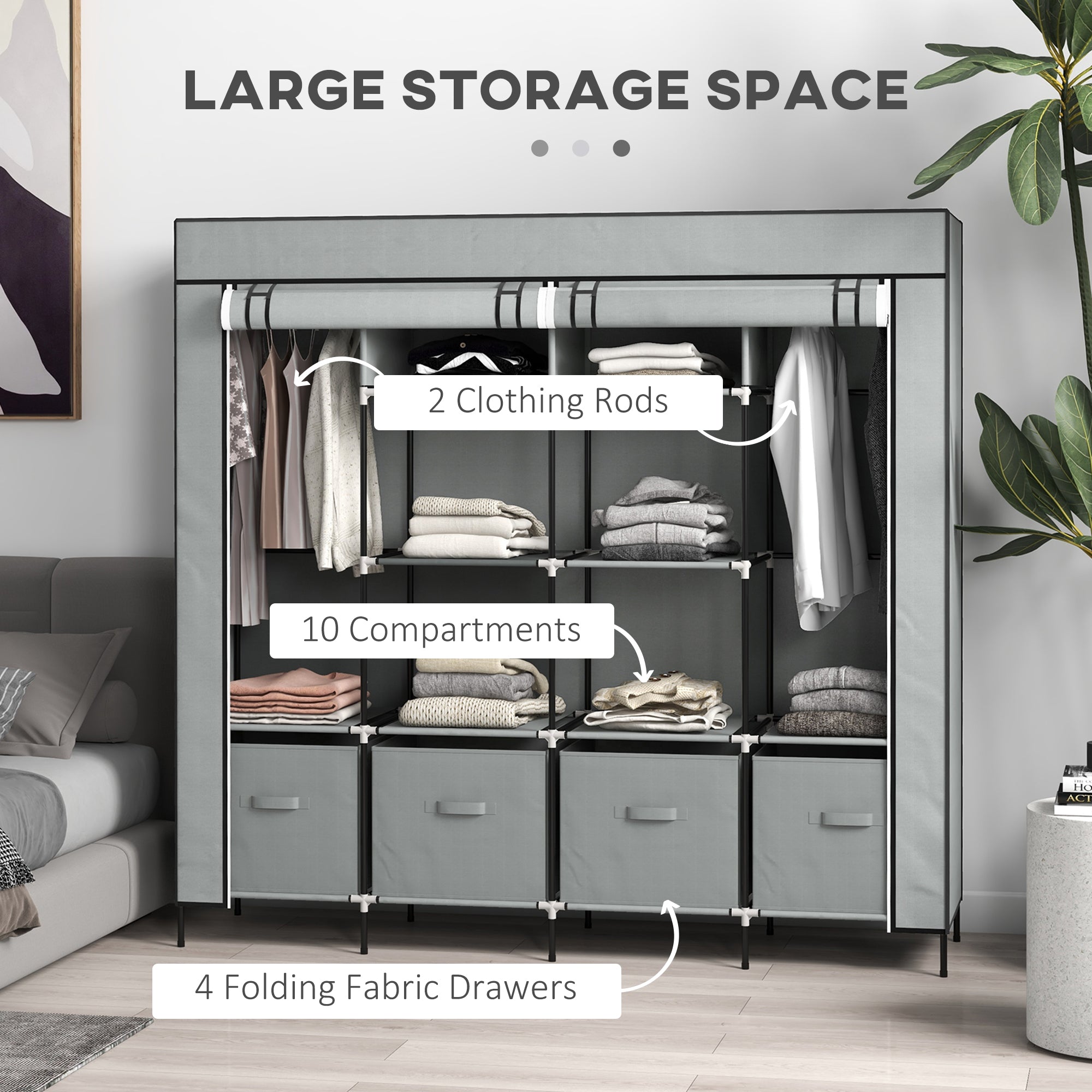 HOMCOM Fabric Wardrobe for Bedroom, Portable Cloth Wardrobe with 10 Compartments, 2 Hanging Rails and 4 Fabric Drawers, 166 x 42.5 x 169.5cm, Dark Grey - North Peak Garden Furniture