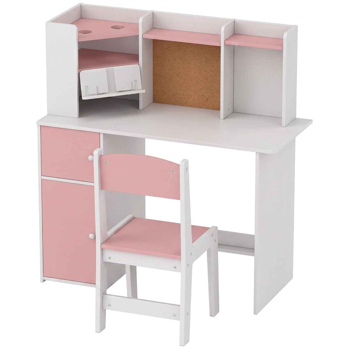 AIYAPLAY Kids Desk and Chair Set Storage Shelves Kids Desk Adjustable Tablet Stand Cork Board Pen Holder Pink