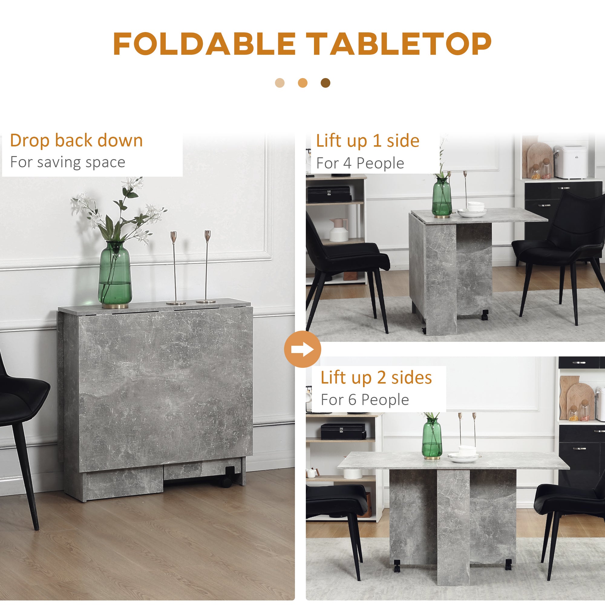 HOMCOM Folding Dining Table, Drop Leaf Table for Small Spaces with 2-tier Shelves, Small Kitchen Table with Rolling Casters, Cement Grey - North Peak Garden Furniture