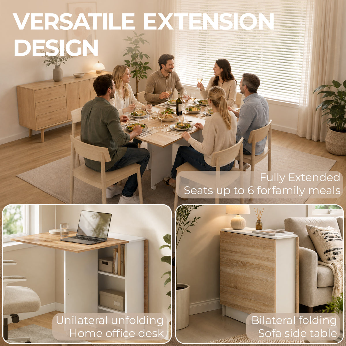 HOMCOM Folding Dining Table, Drop Leaf Table with 2-Tier Shelves, Rolling Casters, White and Natural