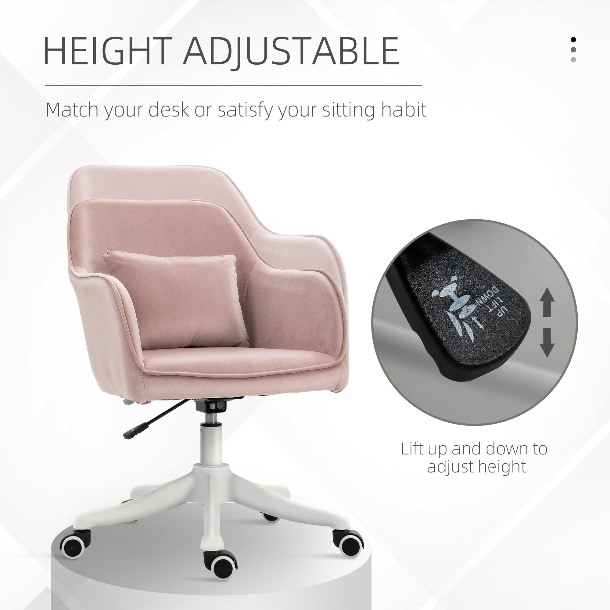 Vinsetto Velvet Office Chair, Desk Chair, Makeup Vanity Chair with Massage Lumbar Pillow and Rolling Wheels for Bedroom and Home, Pink - North Peak Garden Furniture