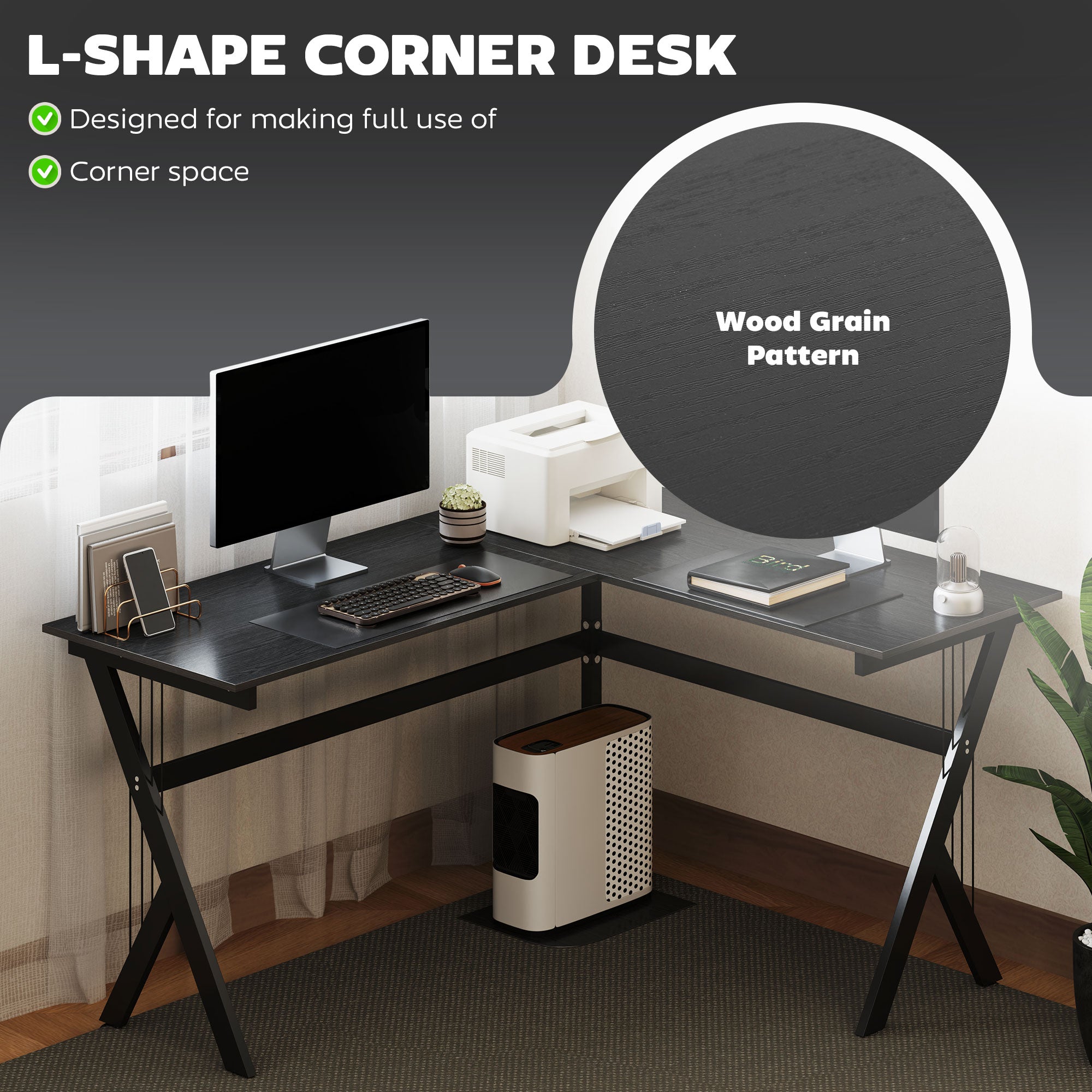 HOMCOM L Shaped Gaming Desk, 155 x 130cm Corner Computer Desk with CPU Stand for Home Office, Study Workstation, Black - North Peak Garden Furniture