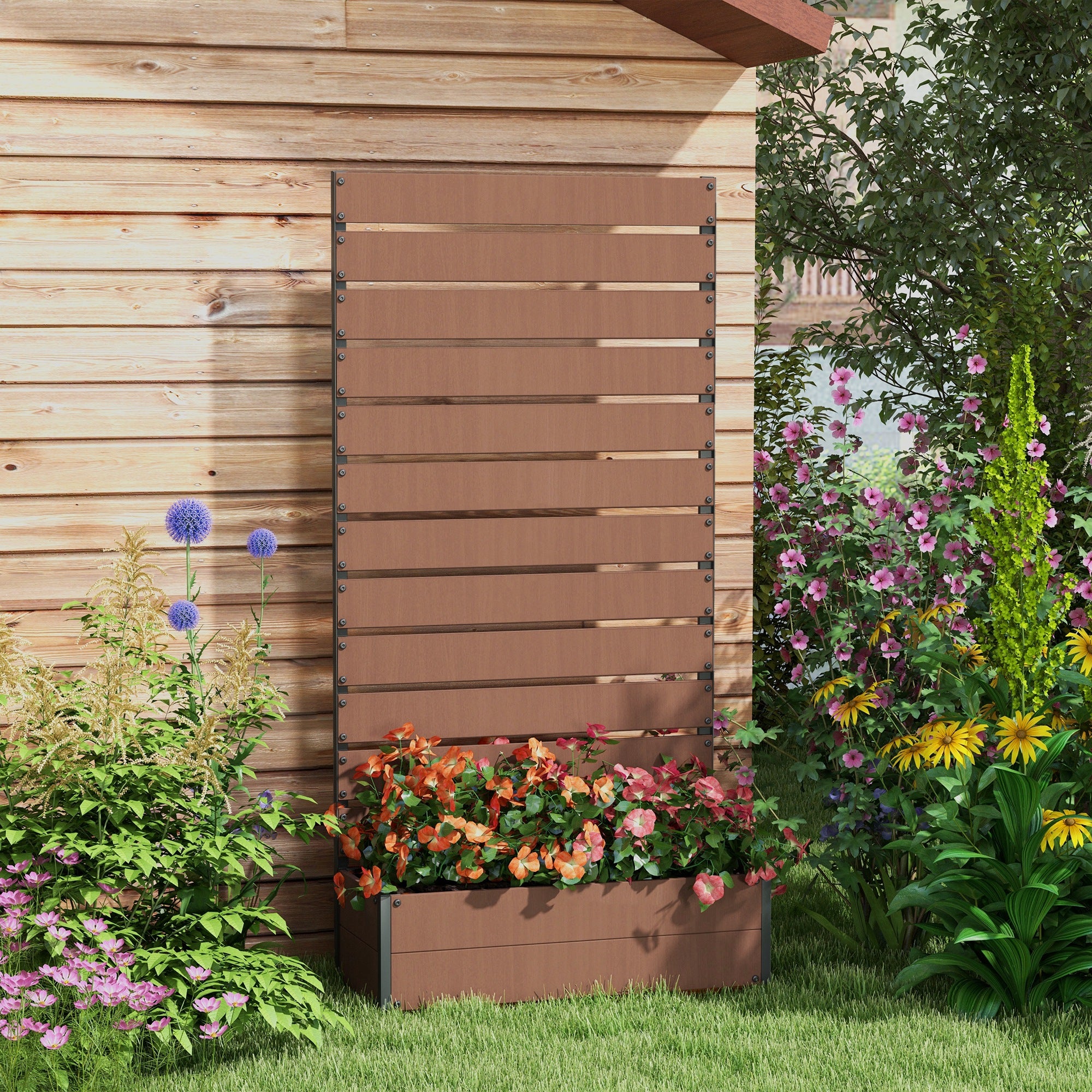 Outsunny Raised Bed for Garden, Planter with Trellis for Climbing Plants, Vines, Planter Box with Drainage Gap, Light Brown