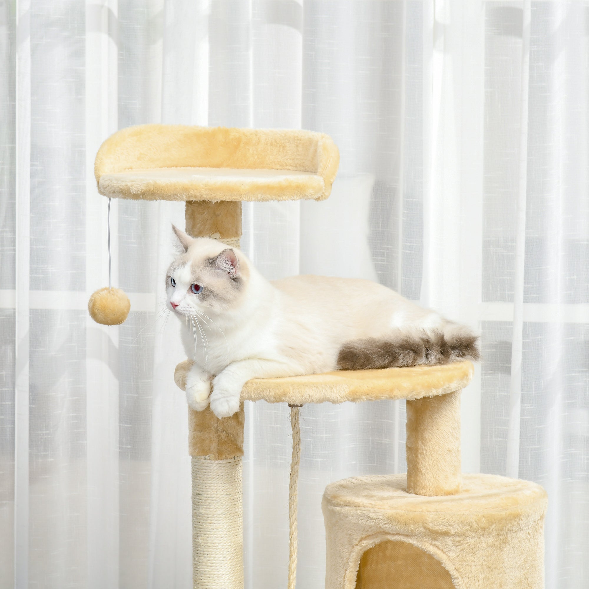 PawHut Cat Tree House, Multi-Level Activity Centre with Scratching Posts, 114 cm High, Beige