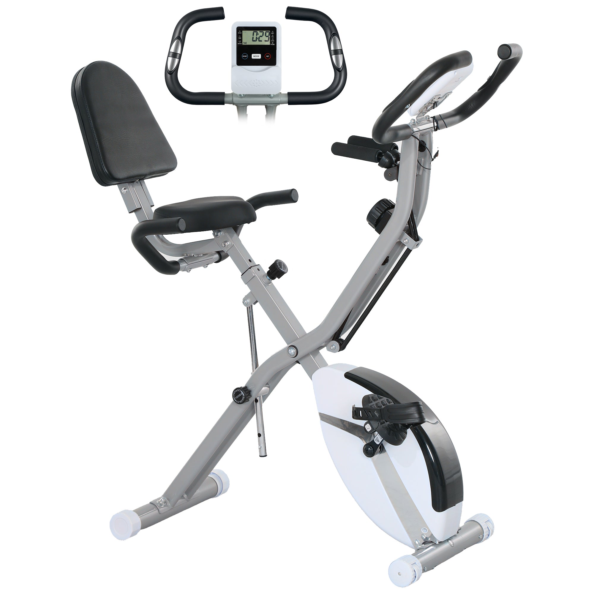 SPORTNOW 5-In-1 Folding Exercise Bike with Arm Workout Bands, Quiet 8-Level Magnetic Resistance Foldable Exercise Bike with LCD, Tablet Holder, Hand Pulse Sensor for Home Use Indoor Cycling, White - North Peak Garden Furniture