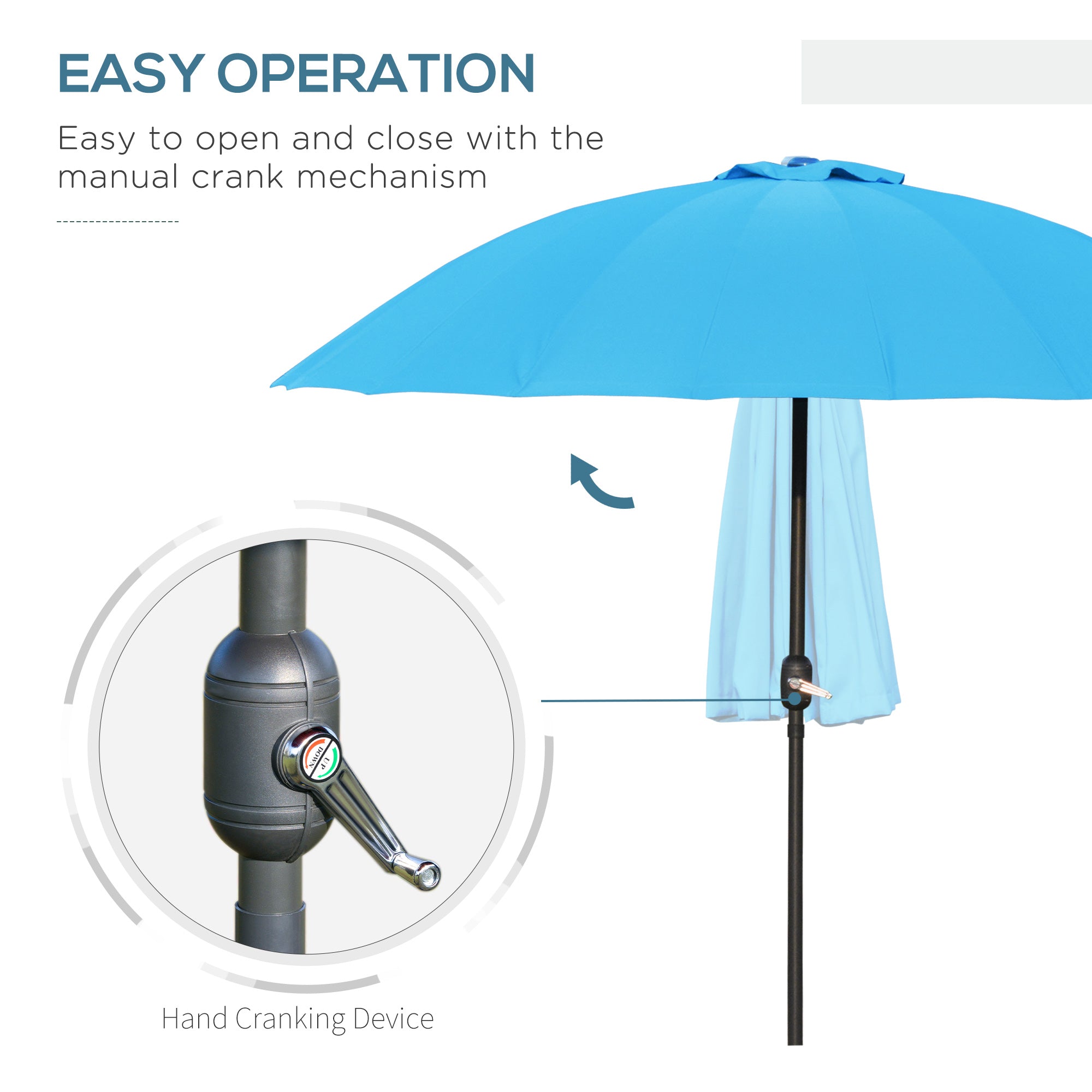 Outsunny Push-Tilt Garden Parasol: 2.55m Crank Umbrella with Ribs, Blue