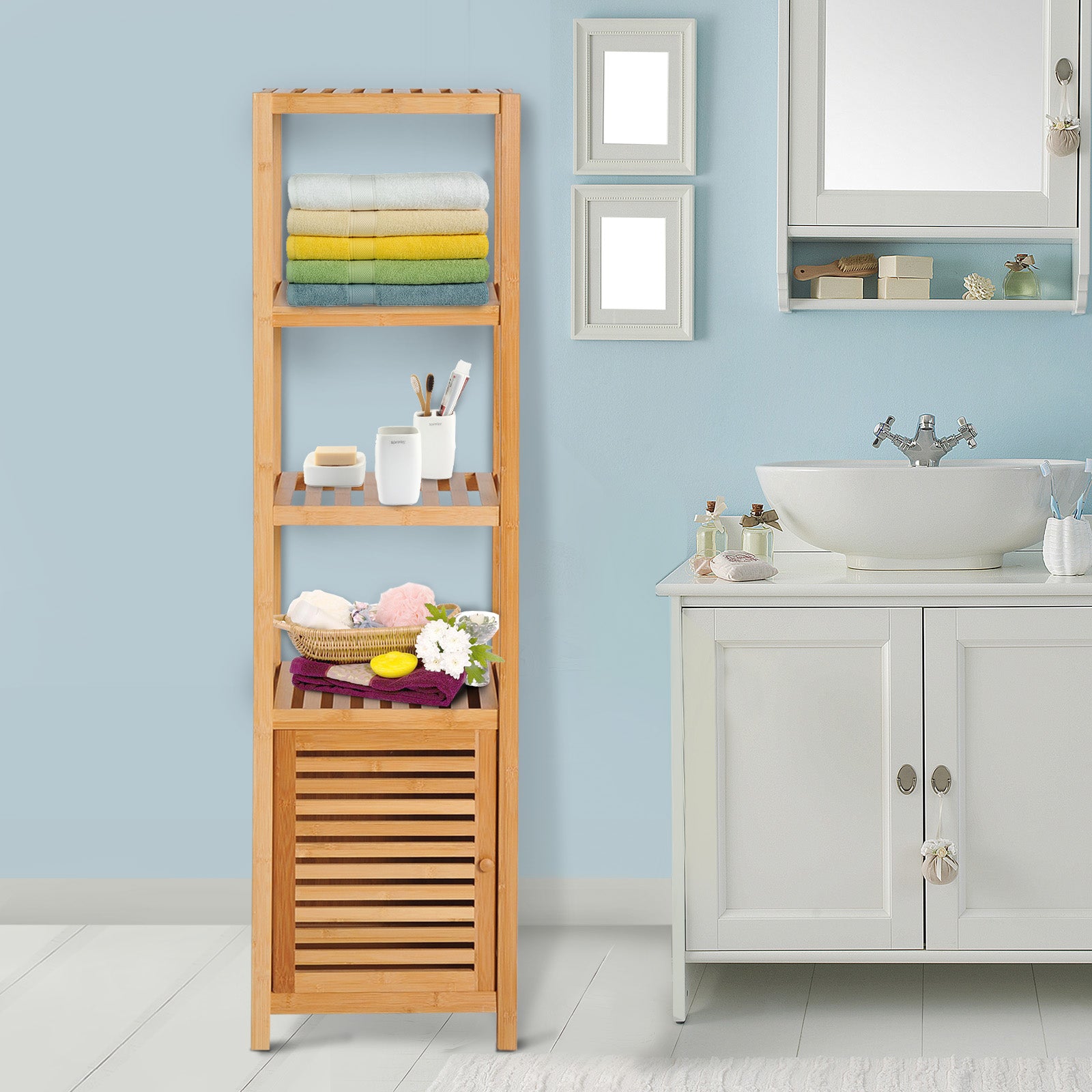 HOMCOM 140cm Tall Bathroom Cabinet, Freestanding Storage Unit w/ 3 Shelves, Utility Organiser Cupboard for Home Kitchen