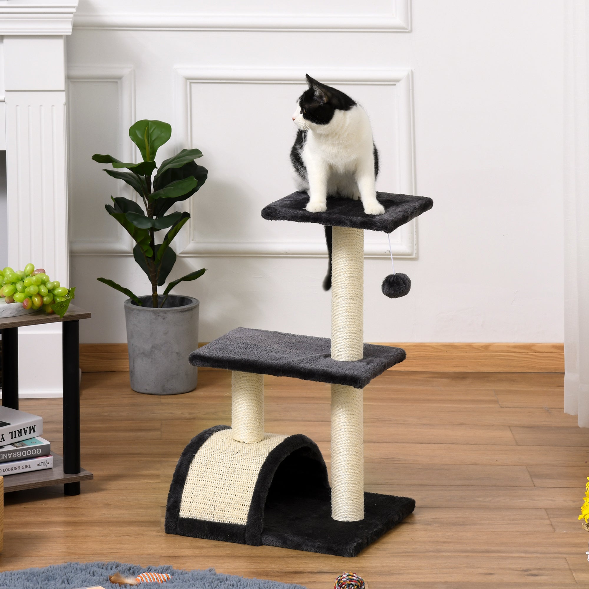 PawHut Cat Tree Tower, 72cm Climbing Activity Centre for Kittens, with Sisal Scratching Post, Pad Arc Perch, and Hanging Ball Toy, Grey